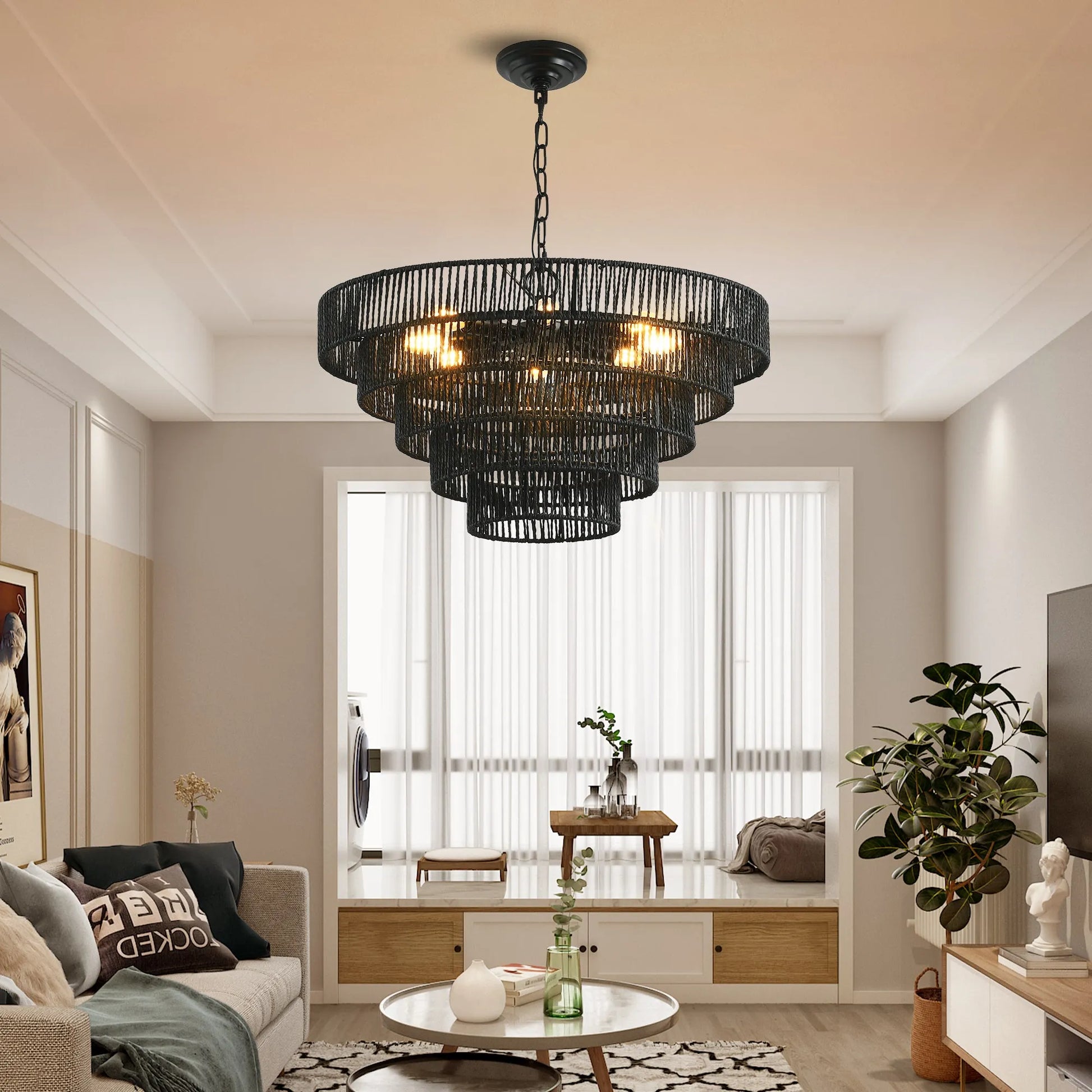 24' Rustic 5-Tier Black Hemp Rope Pendant Light Chandelier with 8 E12 Sockets, Boho Farmhouse Ceiling Fixture for Dining Room, Kitchen, or Entryway – view 3