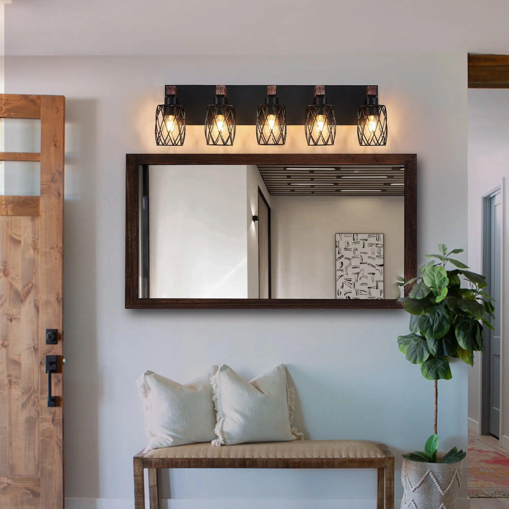 31' Industrial Vintage 5-Light Wall Sconce - Black Cage Wall Lighting Fixture with Wooden Accents for Bathroom, Hallway, or Living Room (Bulb Not – view 3