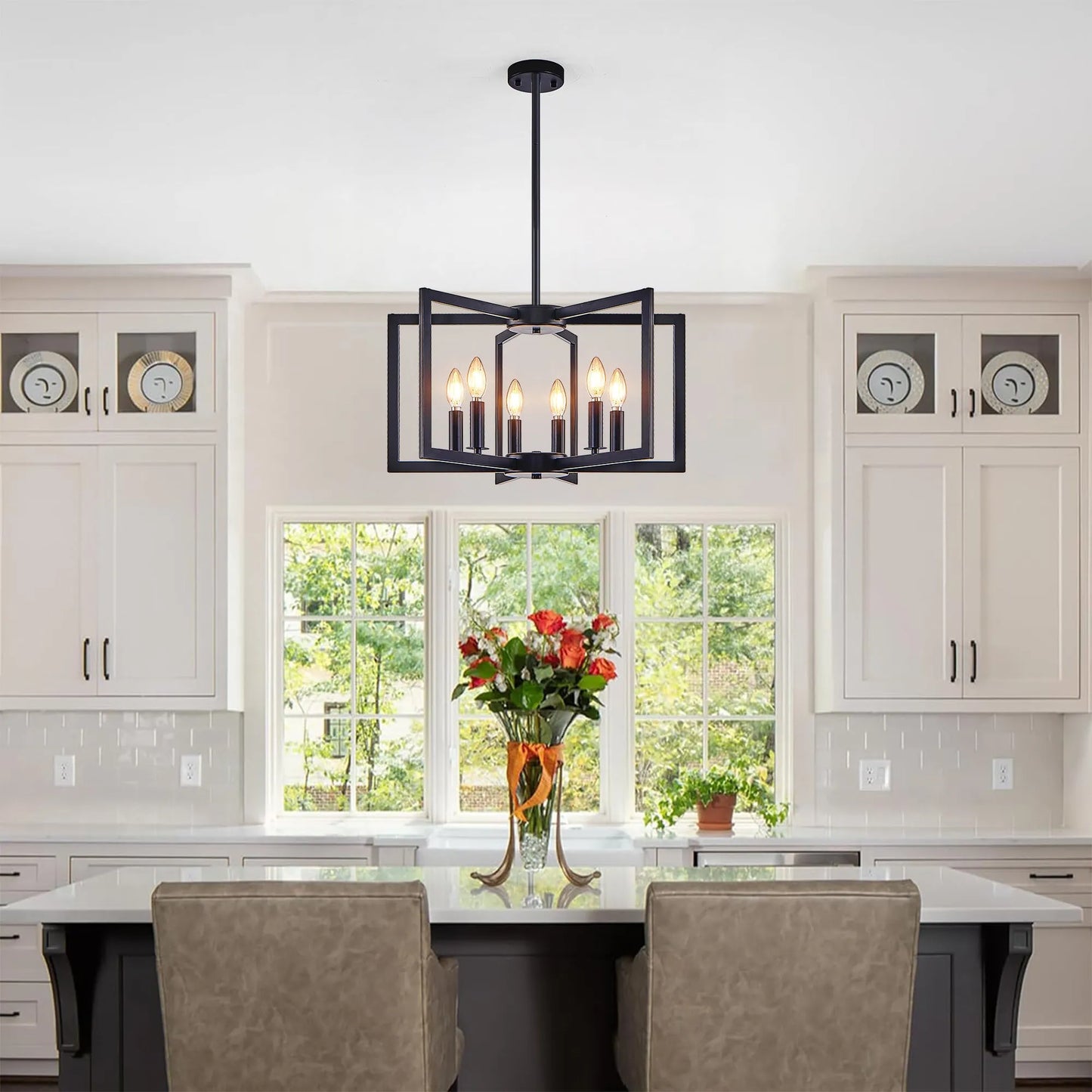 22' Modern Black Geometric 6-Light Chandelier – Industrial Metal Pendant Light Fixture for Living Room, Dining Room, or Kitchen (Bulb Not Included) – view 3