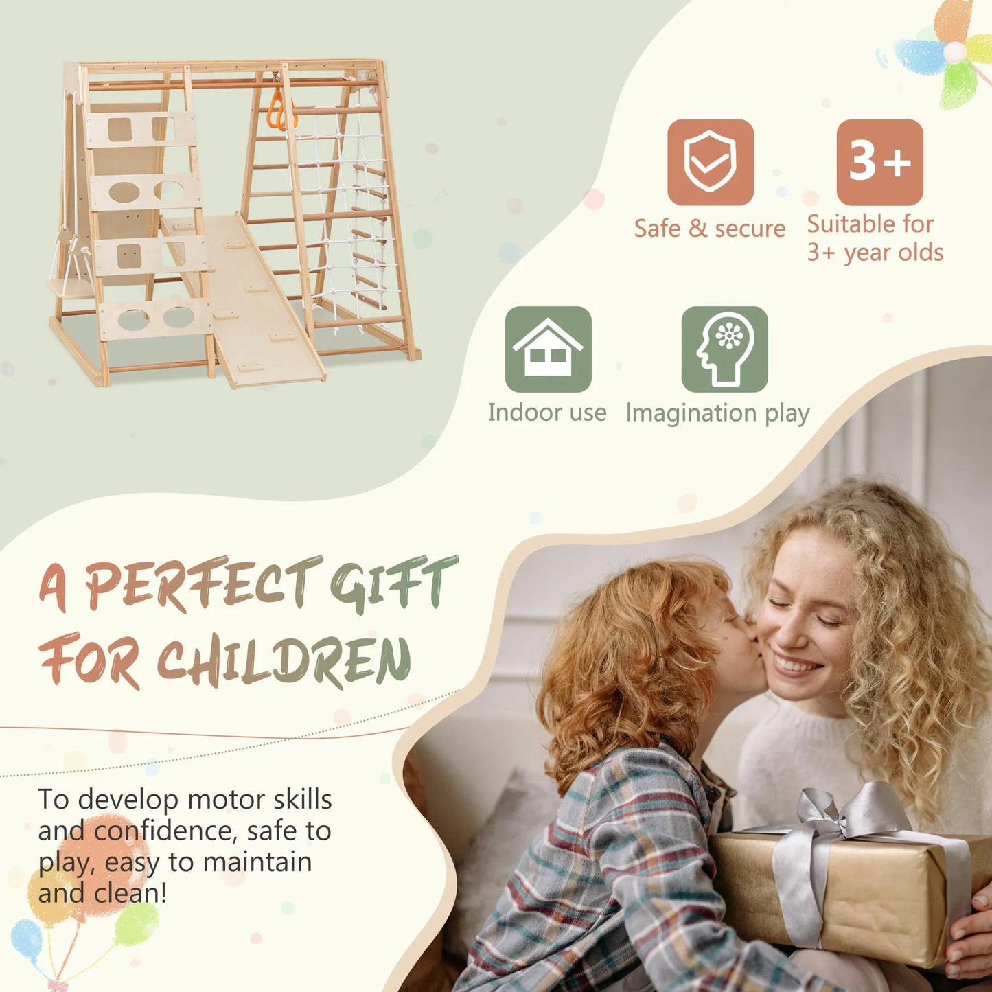 9-in-1 Slide and Climbing Wall for Toddlers 3+, Wooden Indoor Play Structure, Heavy Duty 176 lbs Capacity, Safe Rounded Edge Natural Wood, Balance & – view 3