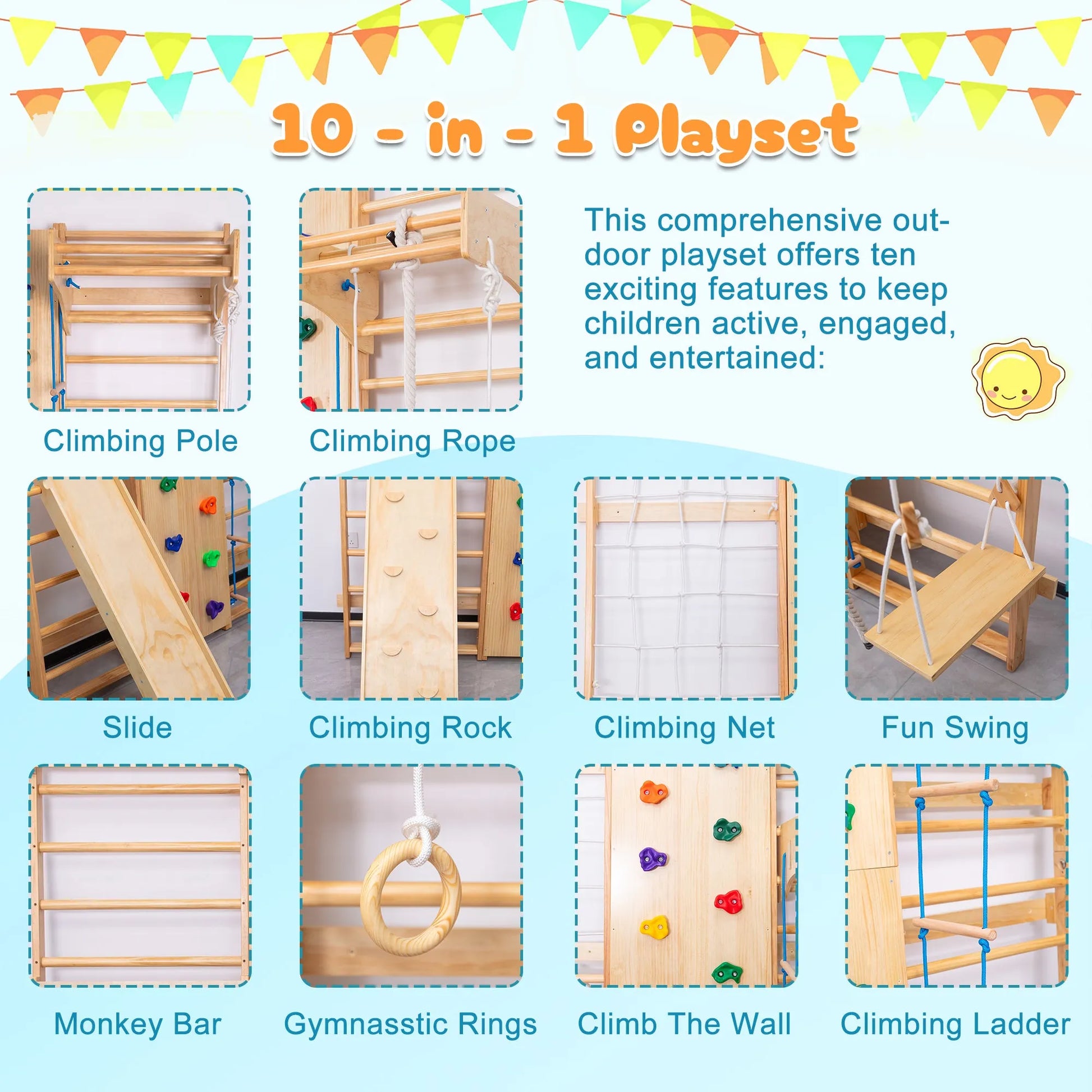 All-in-One 10-in-1 Indoor Climbing Set - Featuring a Rock Climbing Wall, Wooden Swings, Gymnastic Rings, Rope Ladders, and Stretching Equipment for a – view 3