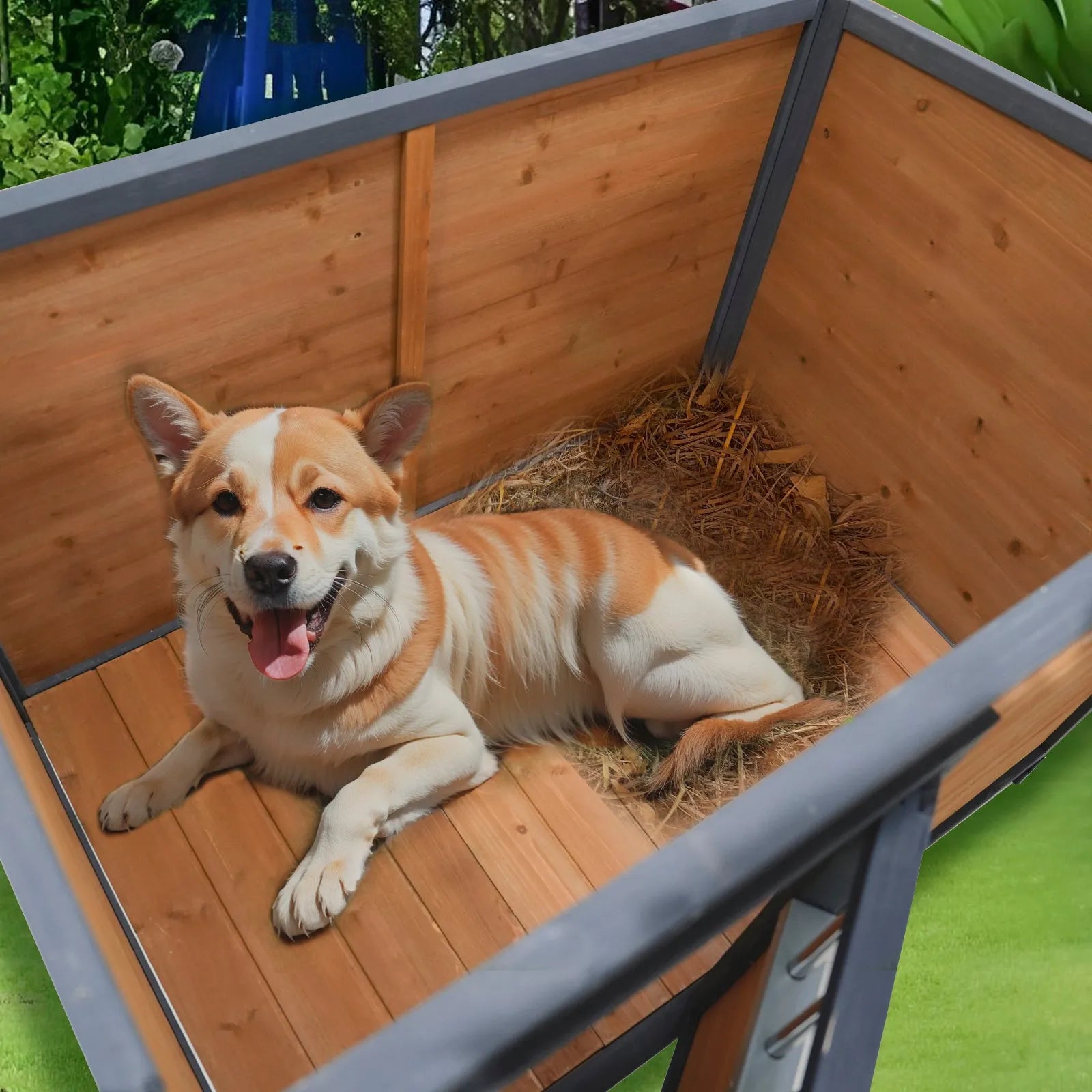 45'large solid wood dog house, waterproof PVC plastic roof, breathable wooden doors – view 3