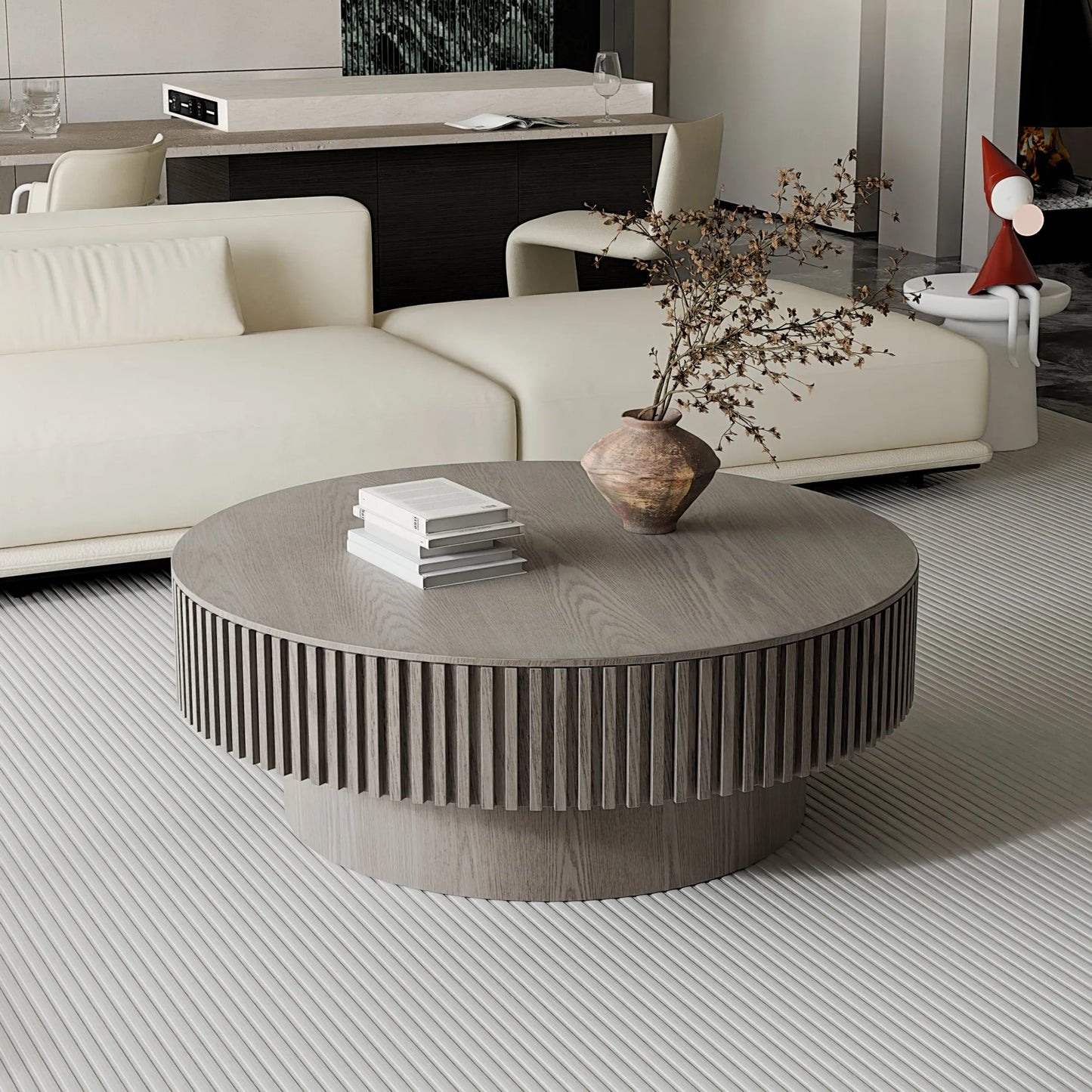 39.37'' Round Coffee Table with Storage Solid Wood Veneered Modern Coffee Table Accent Tea Table for Living Room, Bedroom, Apartment or Office, Grey – view 3