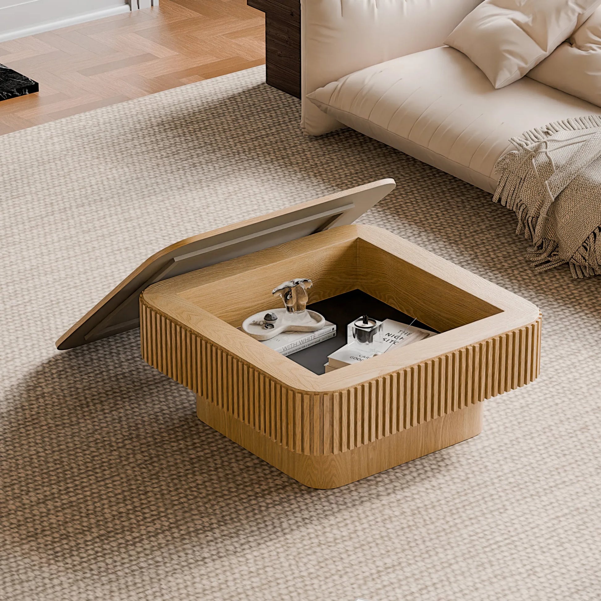 31.5'' Square Coffee Table with Storage Solid Wood Veneered Modern Coffee Table Accent Tea Table for Living Room, Bedroom, Apartment or Office – view 3