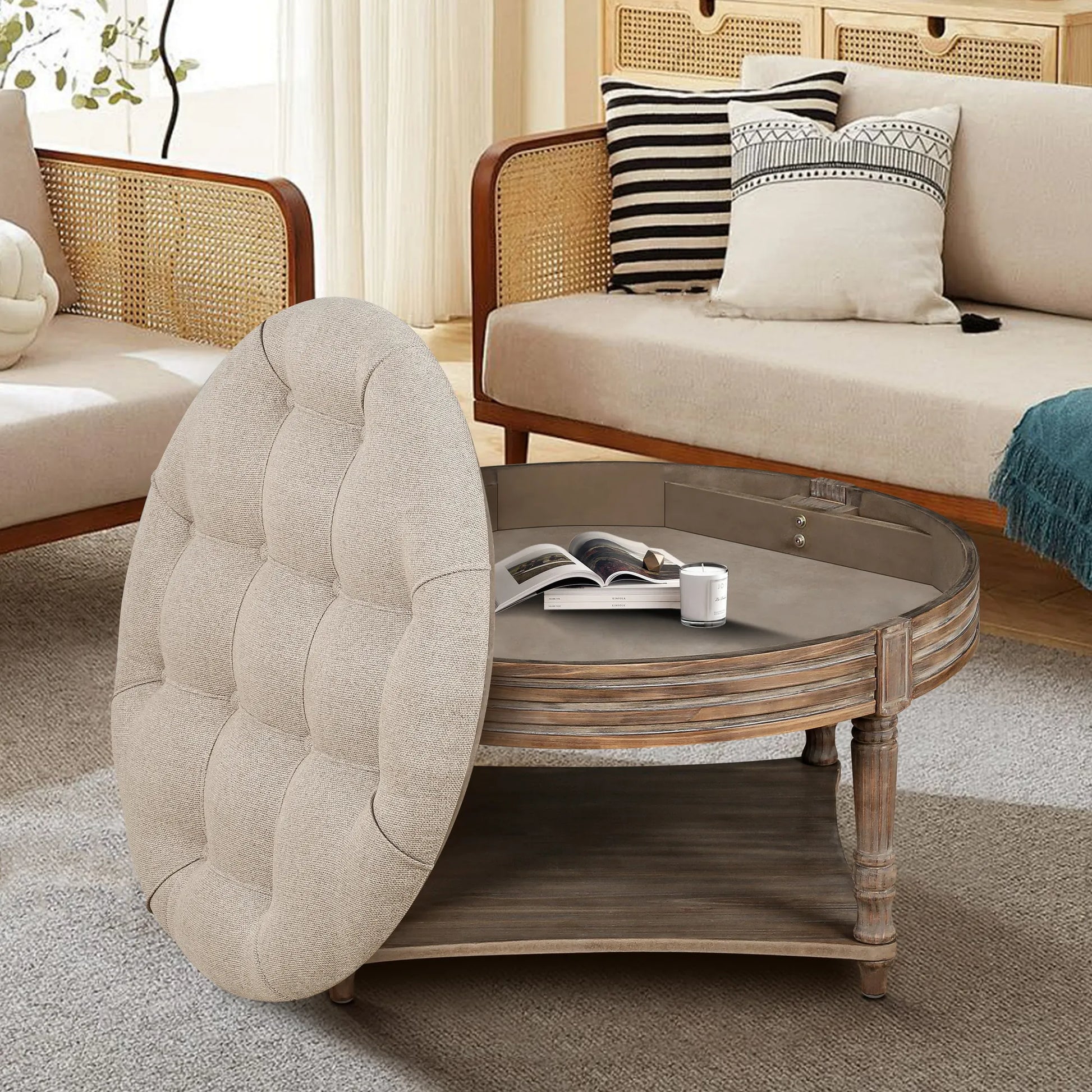 Large Round Waterproof Ottoman Coffee Table 2 Tier Oversized Button Tufted Ottoman with Wooden Shelf Storage Farmhouse Upholstered Coffee Table – view 3