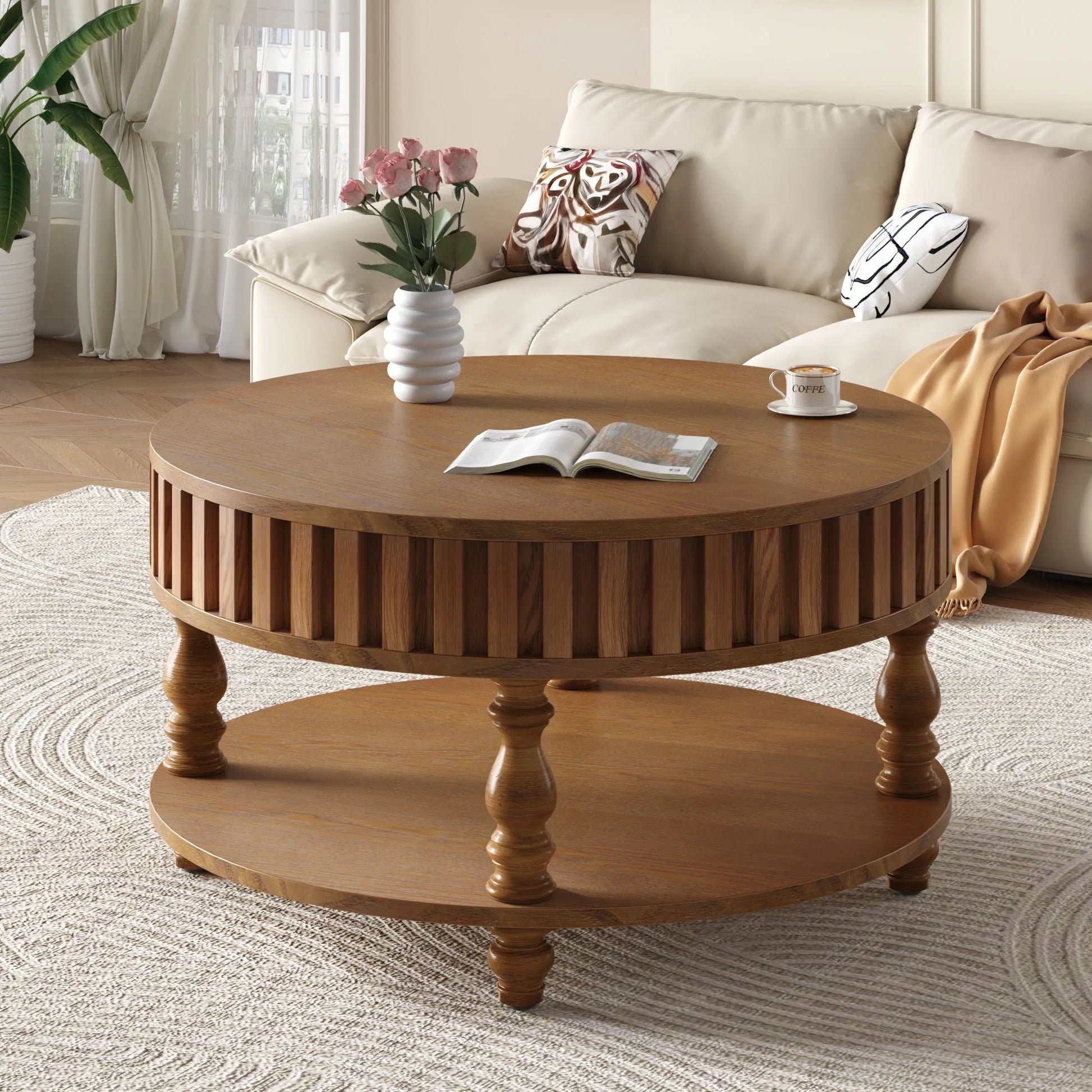 Farmhouse Fluted Coffee Table with Storage and Flip-Top Lids, Rustic Brown Center Table for Living Room with Spacious Hidden Storage, Sturdy Durable – view 3
