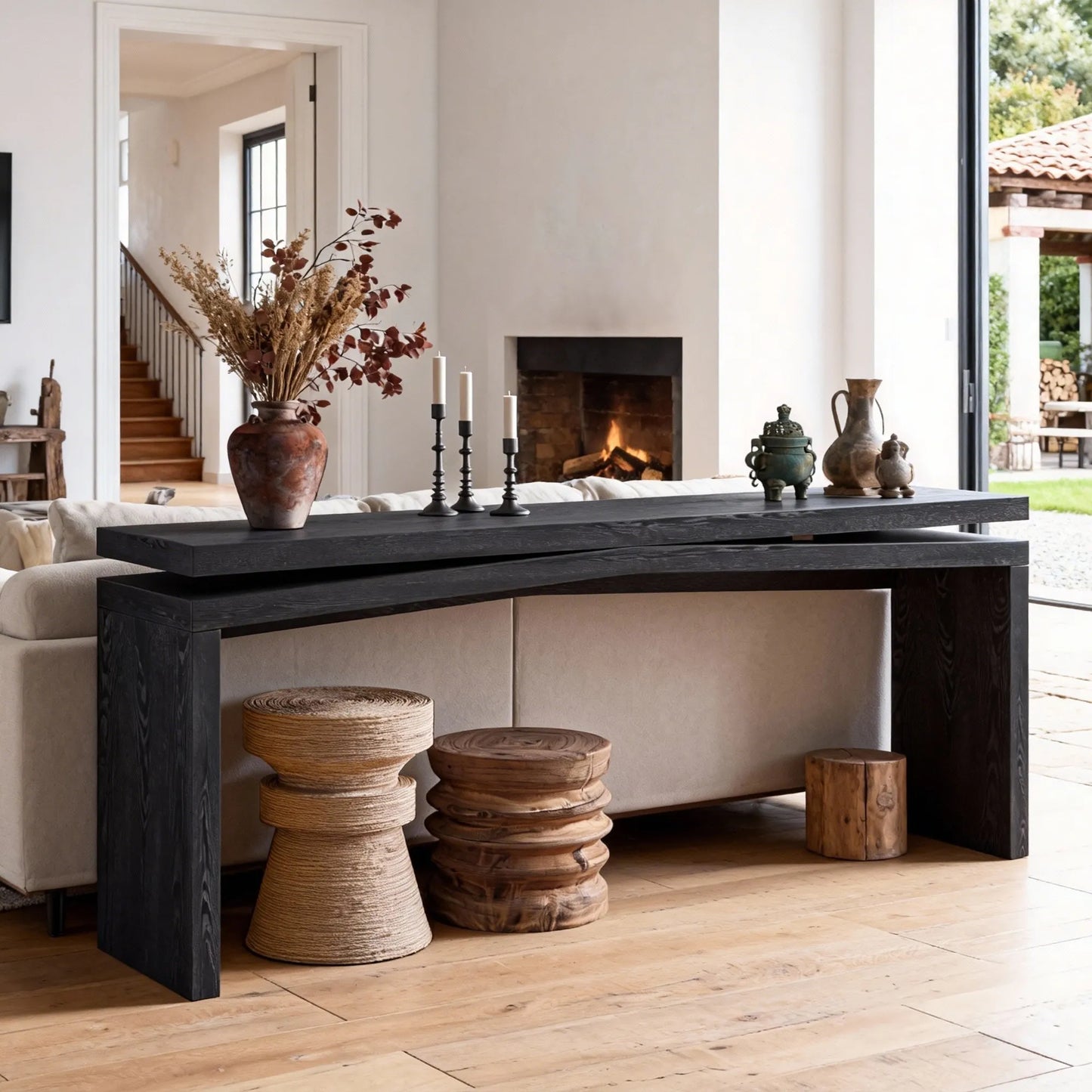 65-Inch Rustic Solid Wood Veneer Console Table, Long Farmhouse Entryway Sofa Table for Living Room, Hallway, Behind Couch, Apartment, Black – view 3