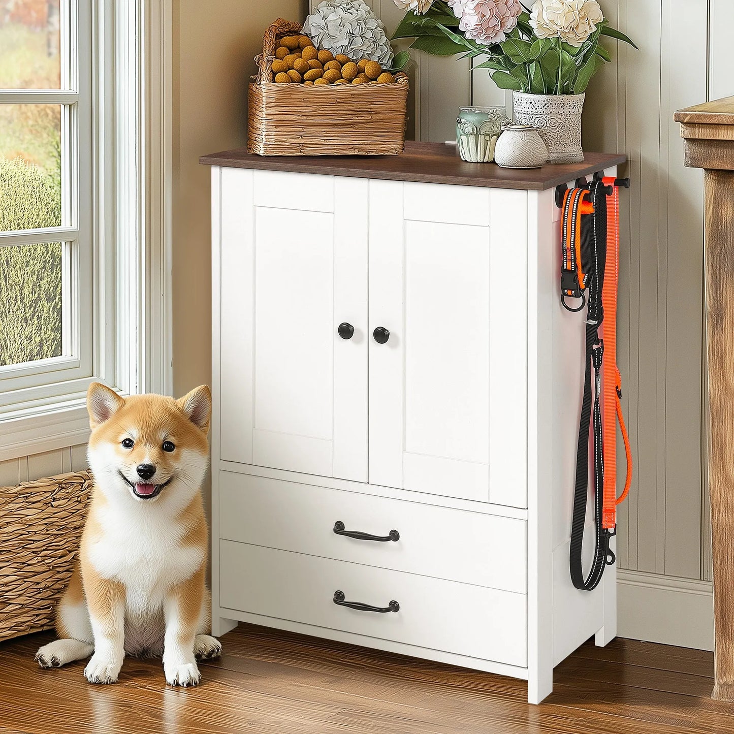 Dog feeding station, double door locker with 2 adjustable dog bowls, 3 hooks on right side, white – view 3