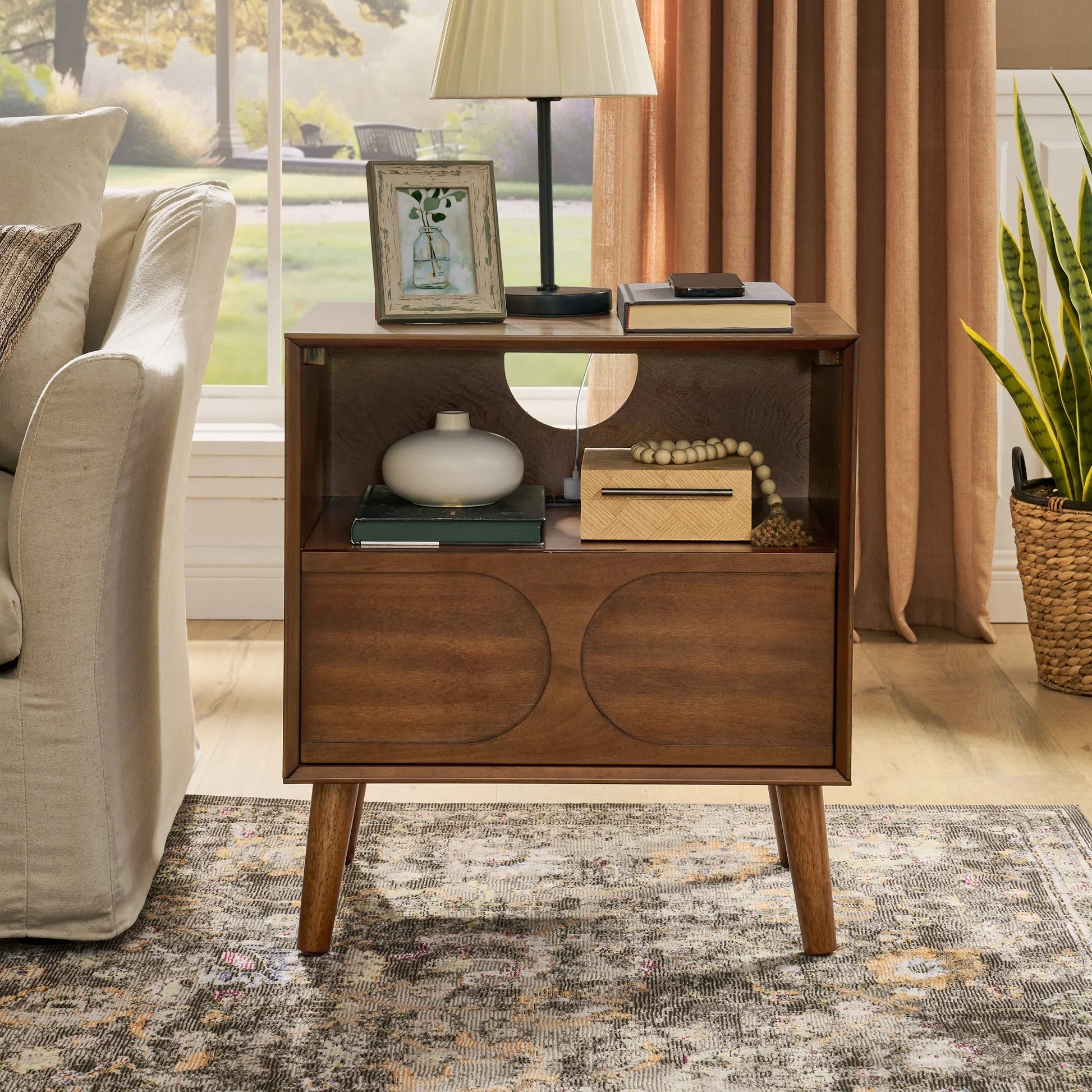 Mid Century Modern Fluted Nightstand with Charging Station USB Ports & Outlet Hole & 4 Solid Wood Legs, Farmhouse End Table with Open Space and – view 3