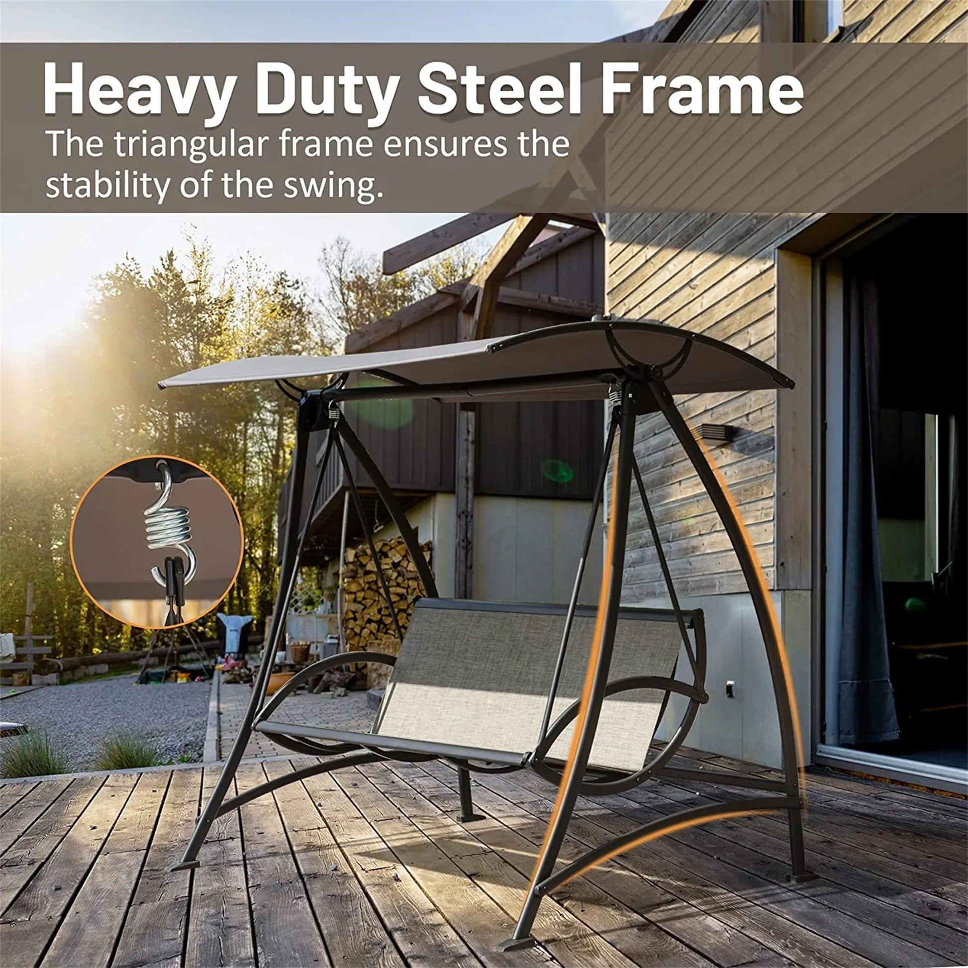 3-Seat Patio Swing Chair, Outdoor Porch Swing with Adjustable Canopy and Durable Steel Frame, Patio Swing Glider for Garden, Deck, Porch, Backyard – view 3