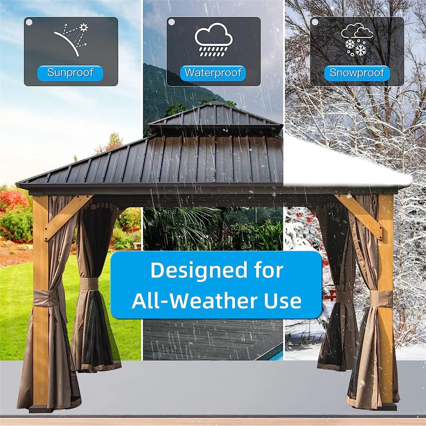 12'x12' Hardtop Gazebo, Outdoor Cedar Wood Frame Canopy with Galvanized Steel Double Roof, Outdoor Permanent Metal Pavilion with Curtains and Netting – view 3