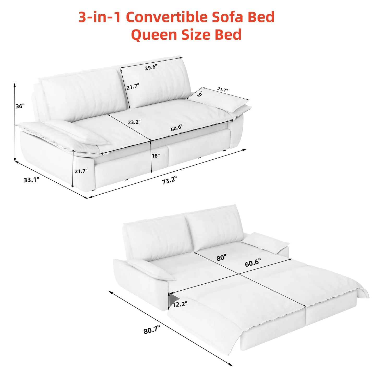 73.2'Queen Pull Out Sofa Bed,3-in-1 Convertible Sleeper Sofa,Multi-Functional Velvet Loveseat Bed,Beige/White – view 3
