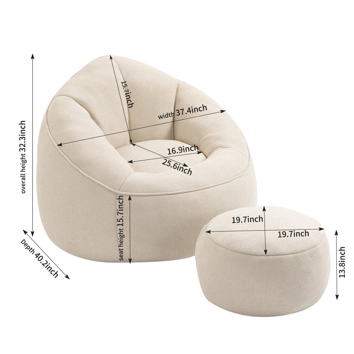 Bedding Bean Bag Sofa Chair with High-Pressure Foam and Footrest, Beige Microfiber – view 3