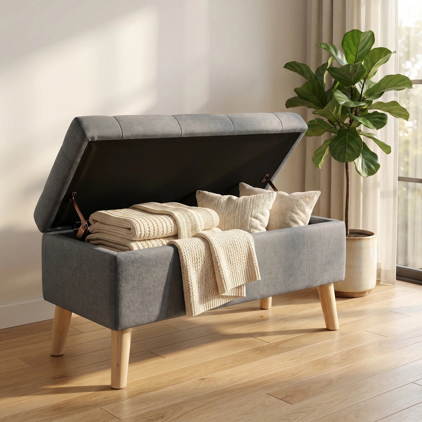 32' Wide Storage Ottoman Bench with Built-in Tray, Square Storage Ottoman for Extra Storage, Upholstered Footrest and End of Bed Bench, Perfect for – view 3