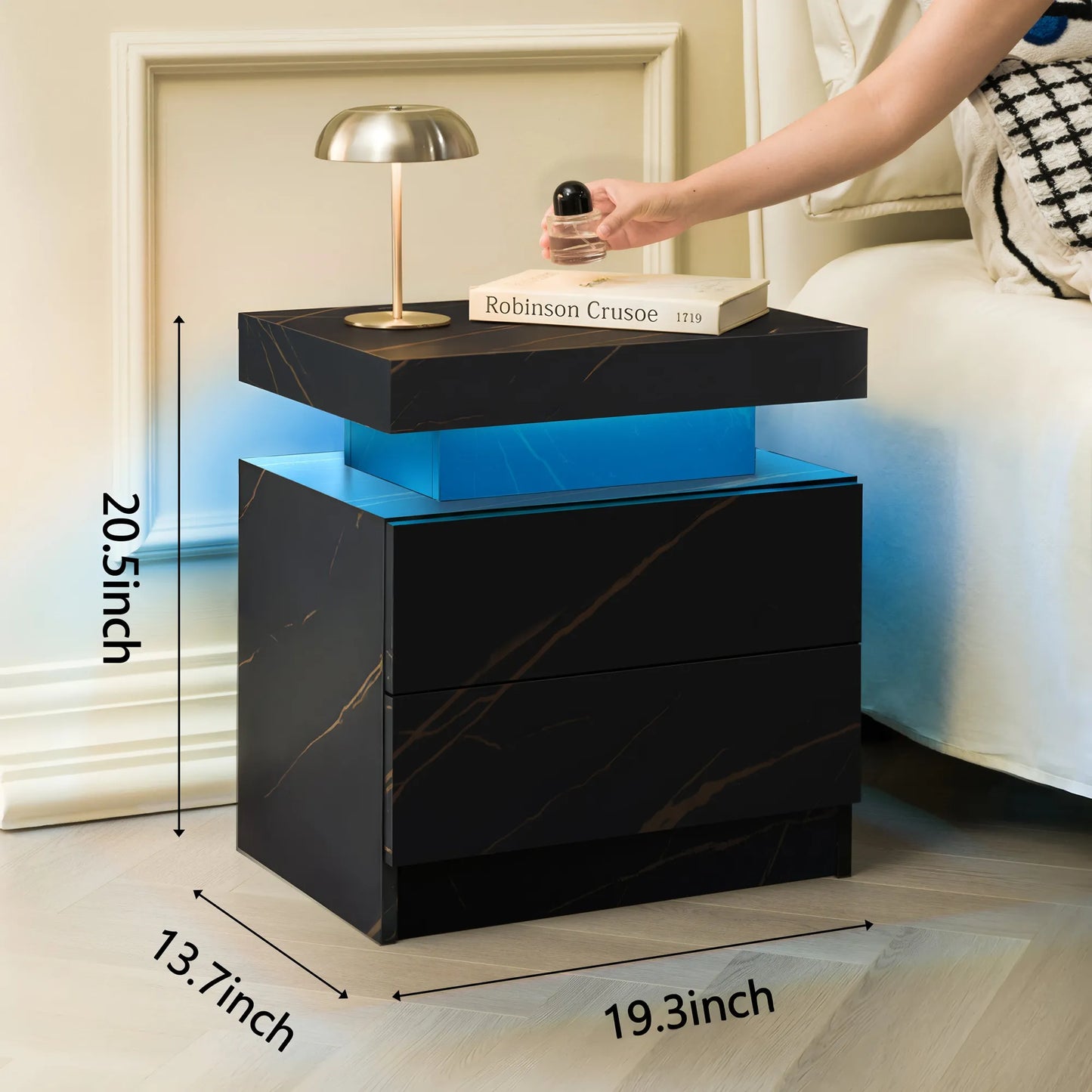 Nightstand LED Bedside Table Cabinet Lights Modern End Side with 2 Drawers for Bedroom (Black Gold) – view 3