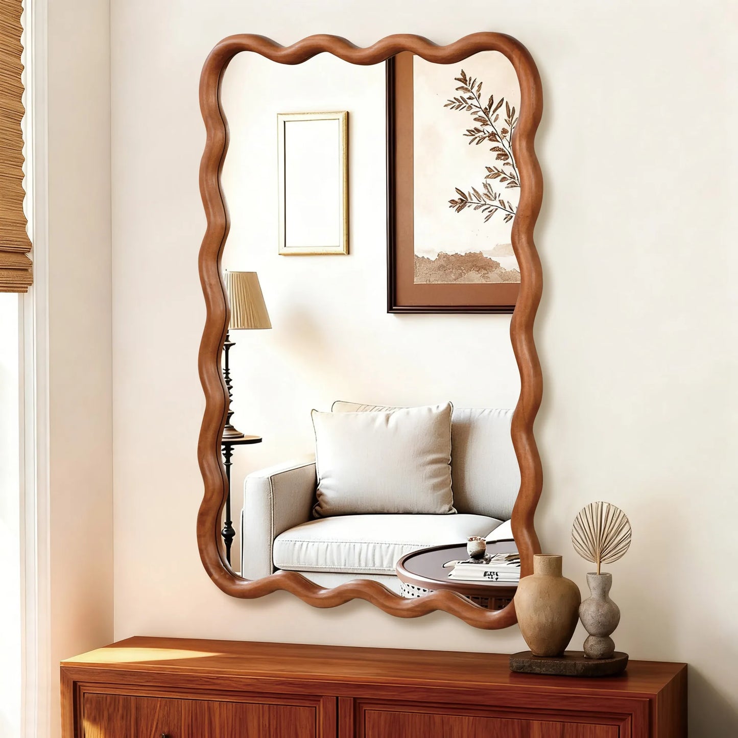 Yellowish Brown 24'x36' Wavy Rectangle Solid Wood Frame Decorative Mirror,For Bedroom, Bathroom, Living Room, Entryway – view 3