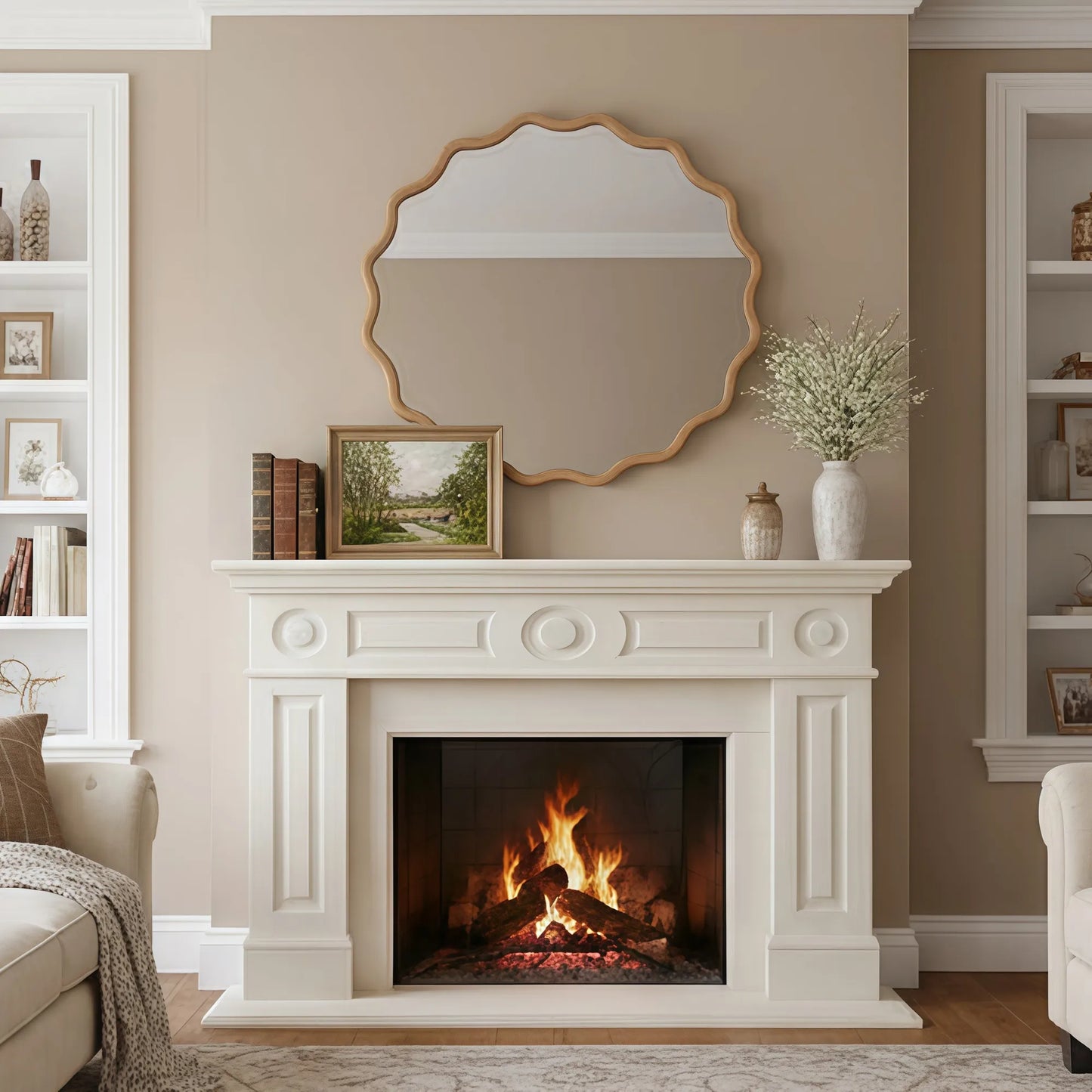 Natural Wood Color 36 inch Wavy Round Solid Wood Frame Decorative Mirror,For Bedroom, Bathroom, Living Room, Entryway – view 3