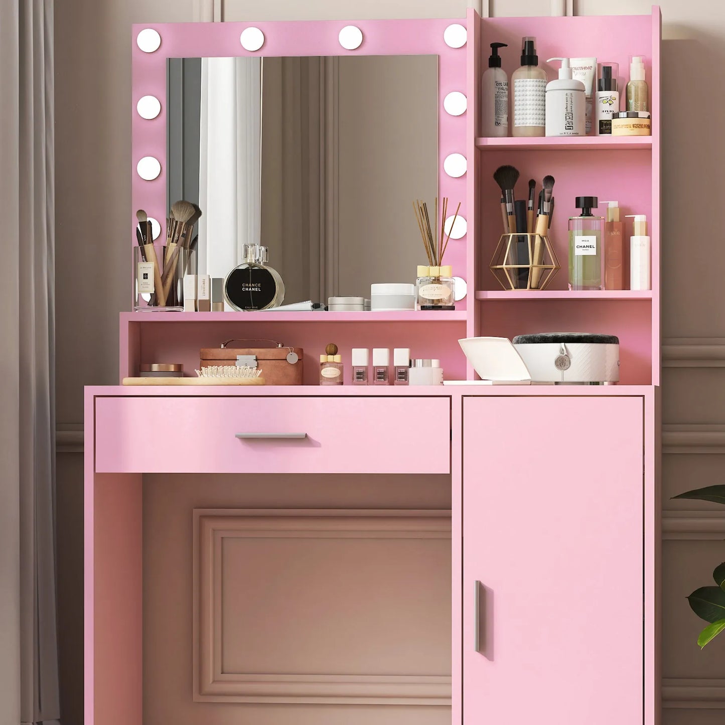 Vanity Desk with Mirror & Light, Large Drawer Three Level Storage Dresser, 3 Lighting Modes Adjustable Brightness, Bedroom Dressing Table(Pink) – view 3