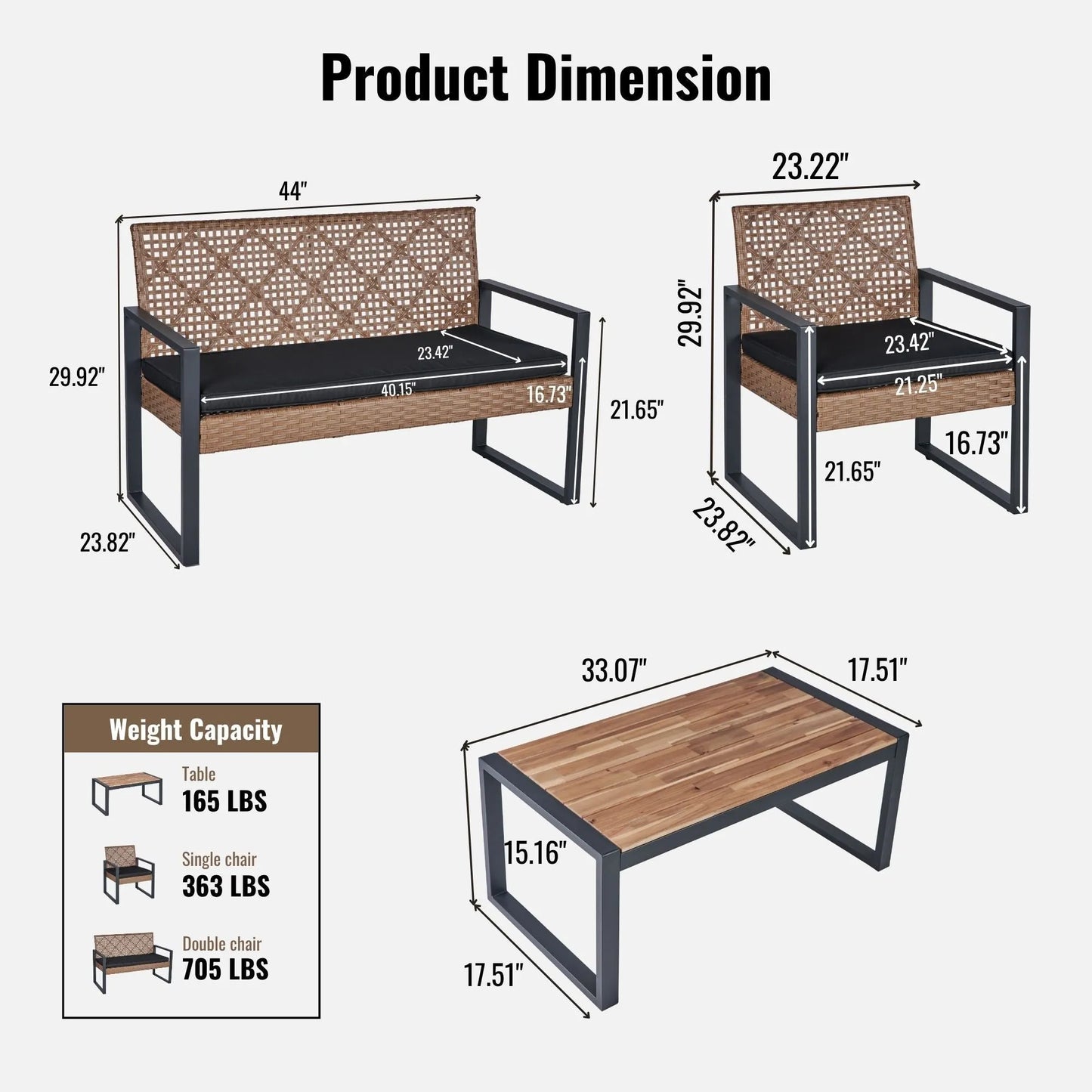 Modern Outdoor 4-Piece Patio Furniture Set with Acacia Wood Table Top, Black and Light Brown – view 3