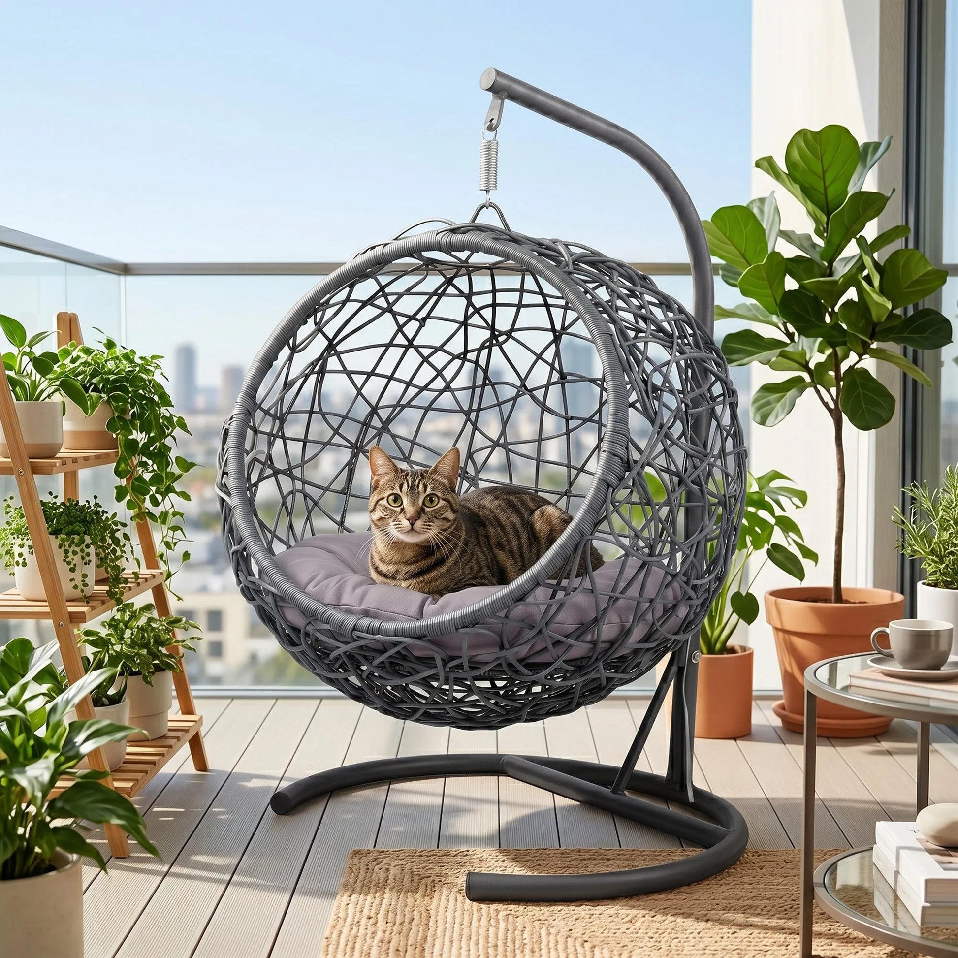 Cat Swing Bed with Stand & Cushion, Cat Egg Chair with Rattan Wicker Appearance, Indoor Hanging Swinging Cat Bed for Cats, Small Dogs, and Small – view 3