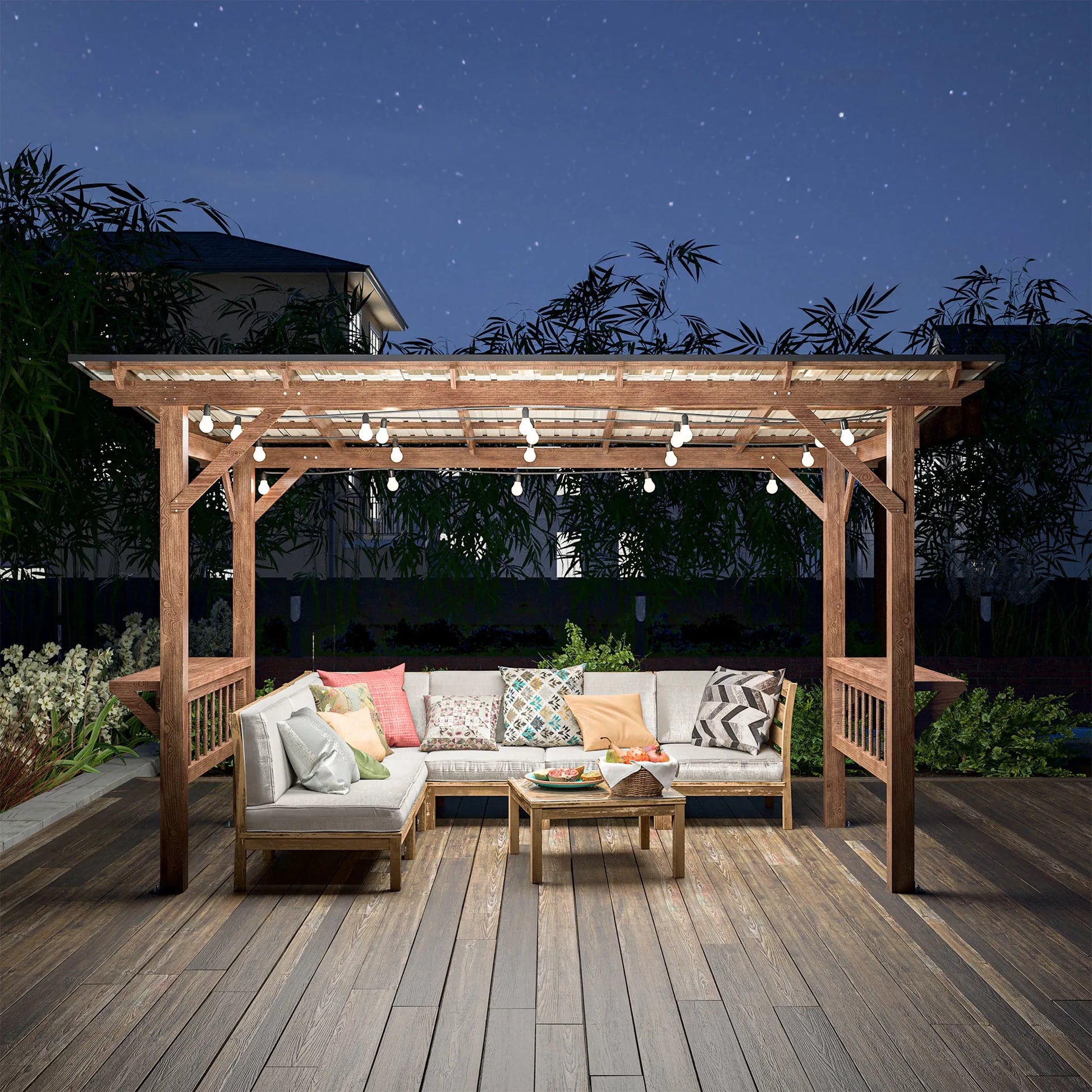 13' x 6.5' Wooden Pergola Grill Gazebo with Metal Roof & Bulbs & Bar Counters – view 3