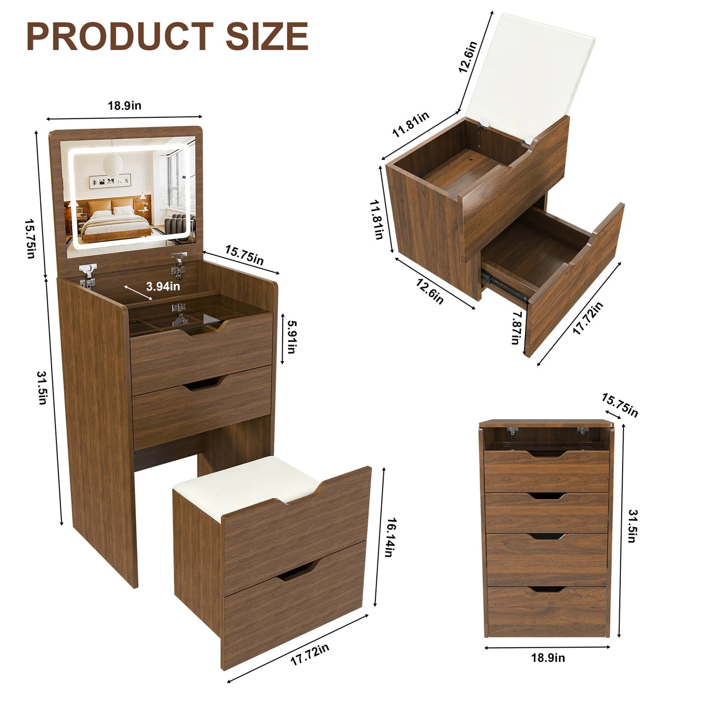 3-in-1 Vanity Desk with Lighted Mirror & Stool, Flip Top Makeup Dressing Table in Walnut Finish, Compact Storage for Bedroom, Bathroom, or Dressing – view 3
