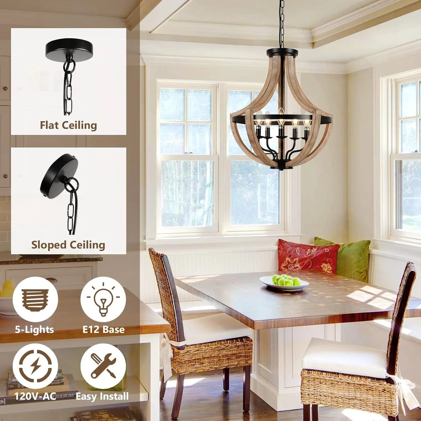 19' Farmhouse Chandelier Light Fixtures, 5-Light Dining Room Light Fixtures Over Table, Solid Wood Modern Chandeliers for Dining Room Living Room – view 3