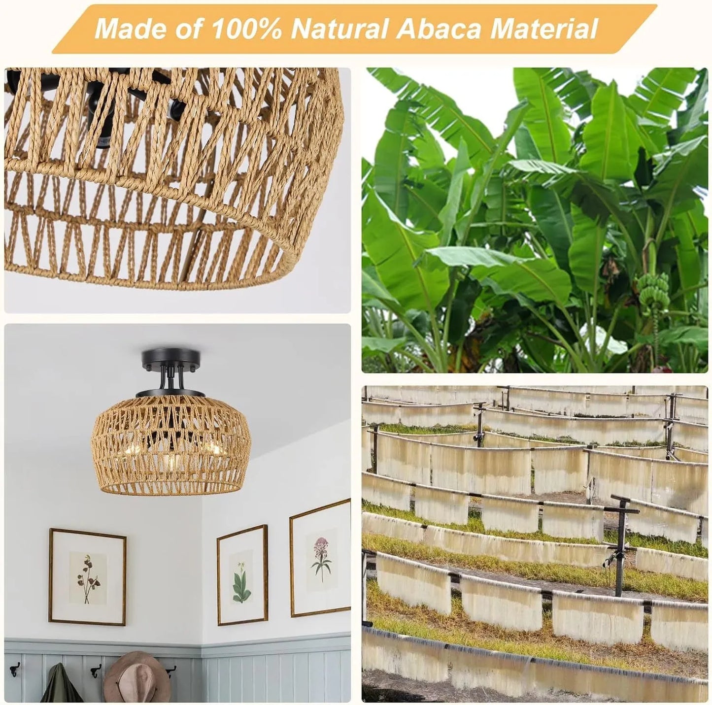 Semi Flush Mount Ceiling Light, Rattan Light Fixture Ceiling Mount with Handmade Wicker Lampshade, 3-Lights Boho Chandelier, Woven Close to Ceiling – view 3