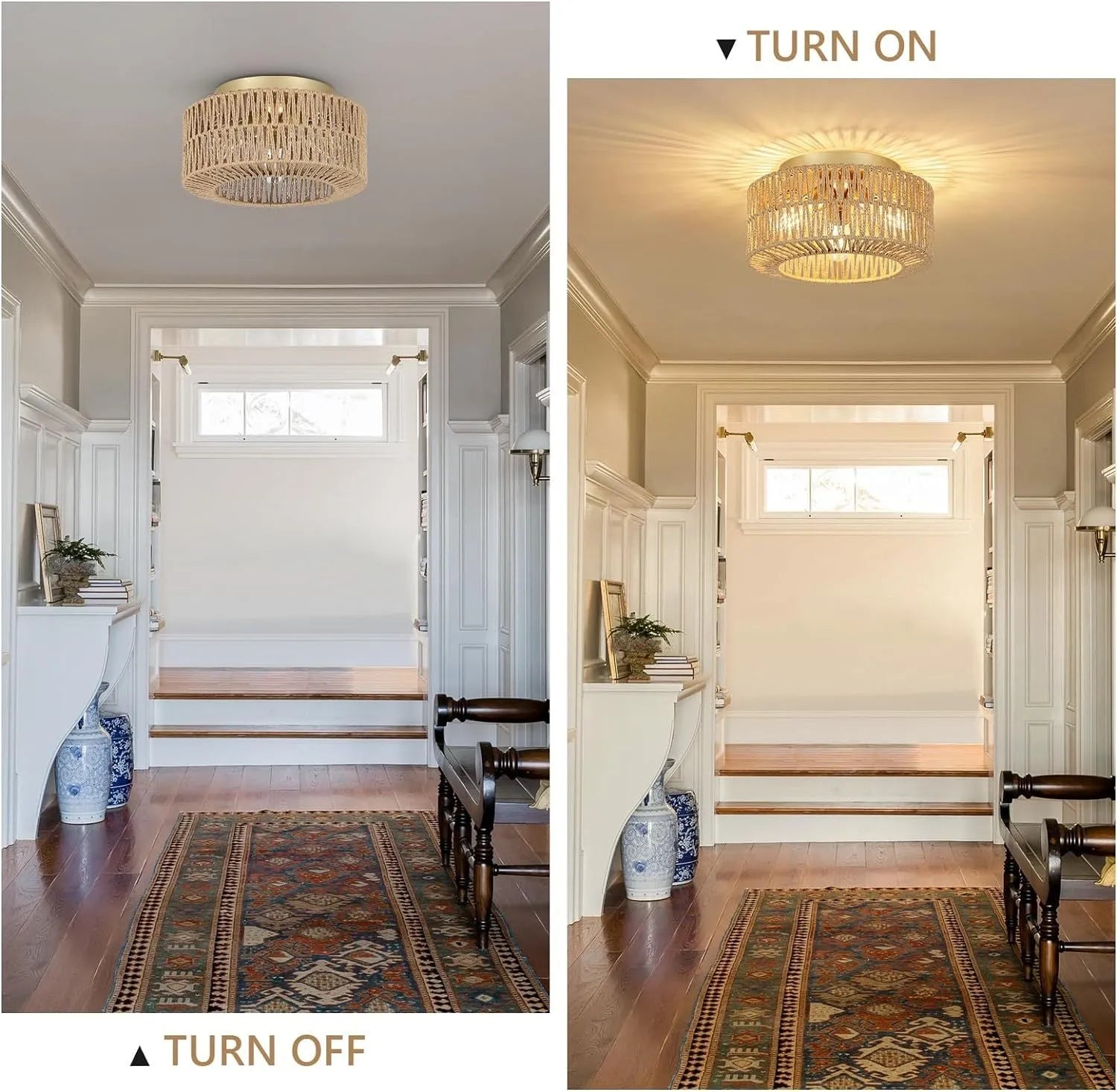 Boho Light Fixtures Ceiling Mount, 3-Light Farmhouse Rattan Ceiling Light Fixture, Flush Mount Ceiling Light with Hand-Woven Shade, Modern Chandelier – view 3