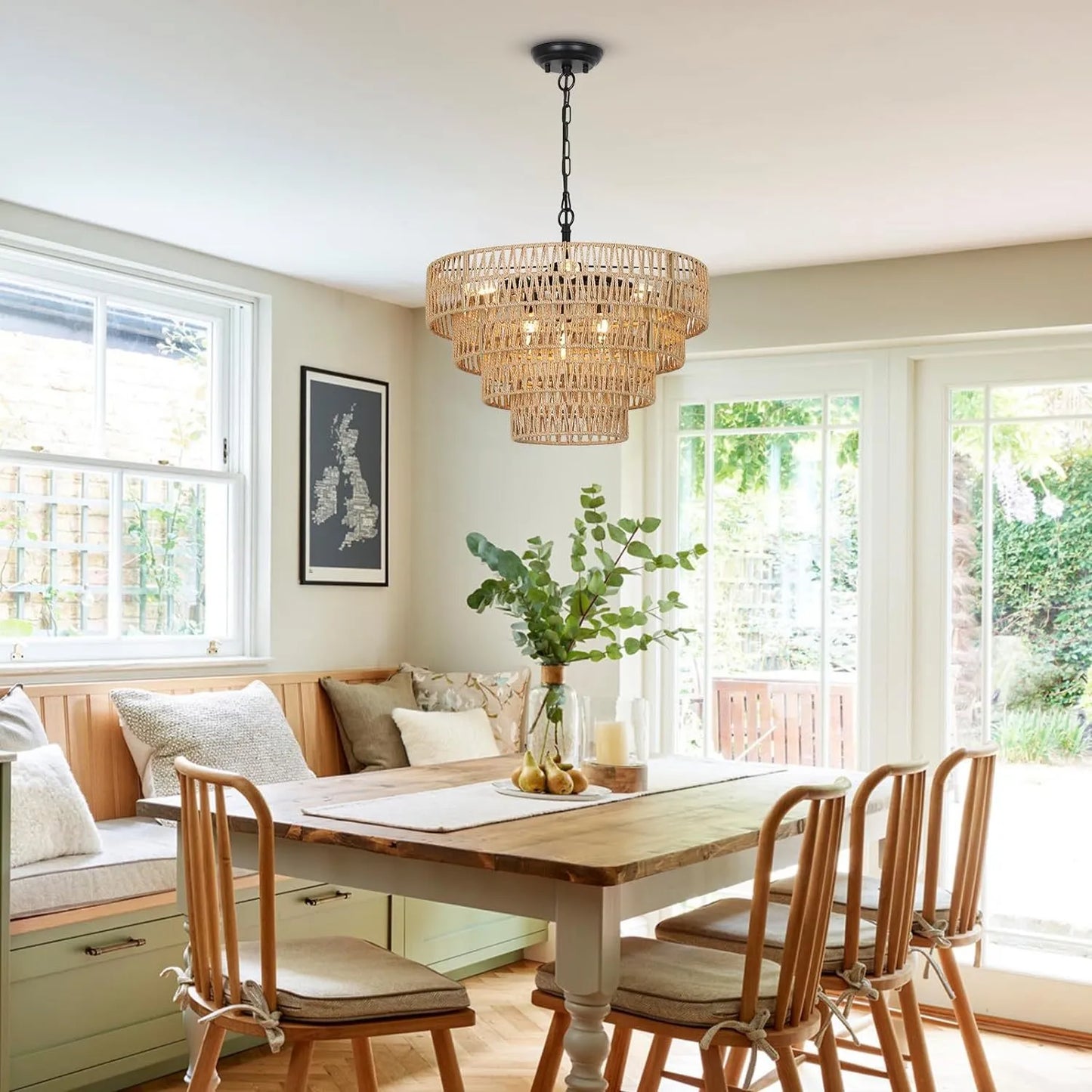 Boho Rattan Chandelier, 6-Light Dining Room Light Fixture, Wicker Pendant Lighting with 4-Tier Woven Lampshade, Large Farmhouse Chandeliers for – view 3