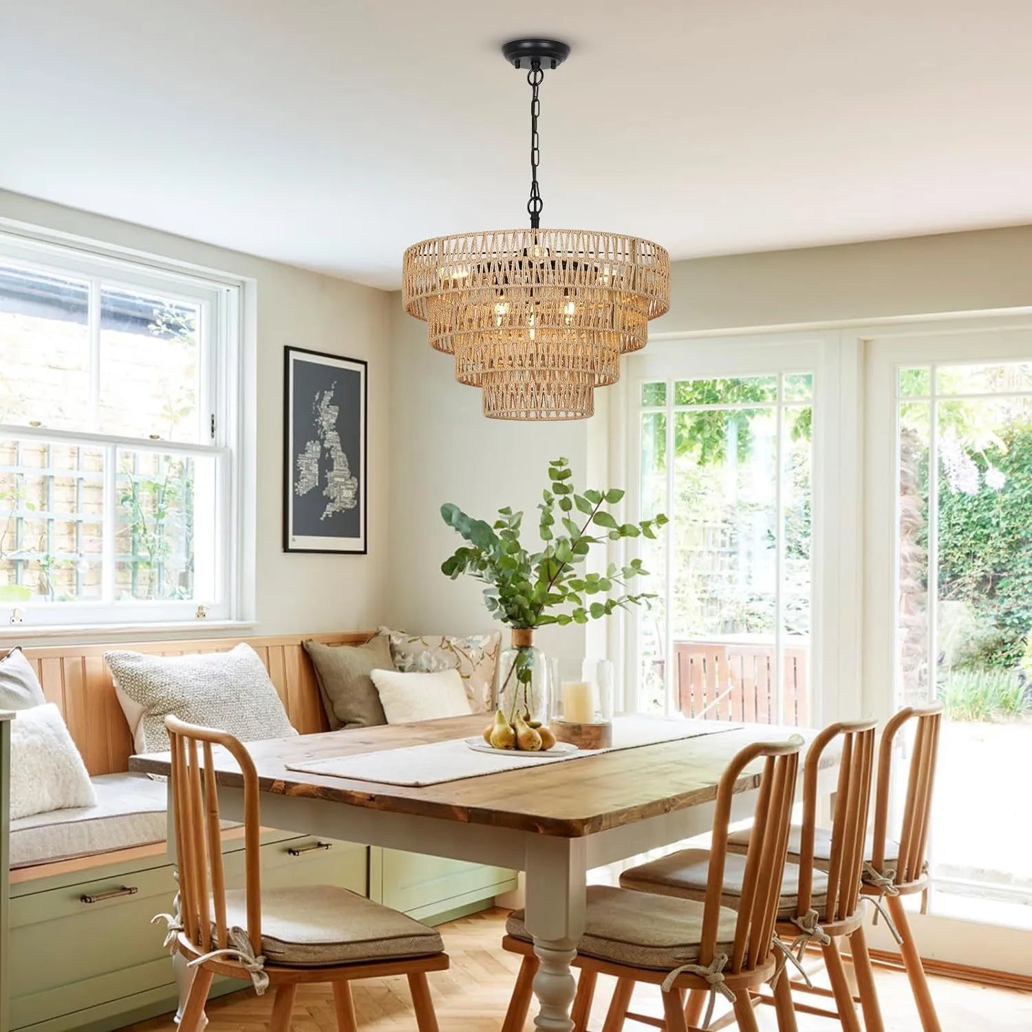 Boho Rattan Chandelier, 6-Light Dining Room Light Fixture, Wicker Pendant Lighting with 4-Tier Woven Lampshade, Large Farmhouse Chandeliers for – view 3