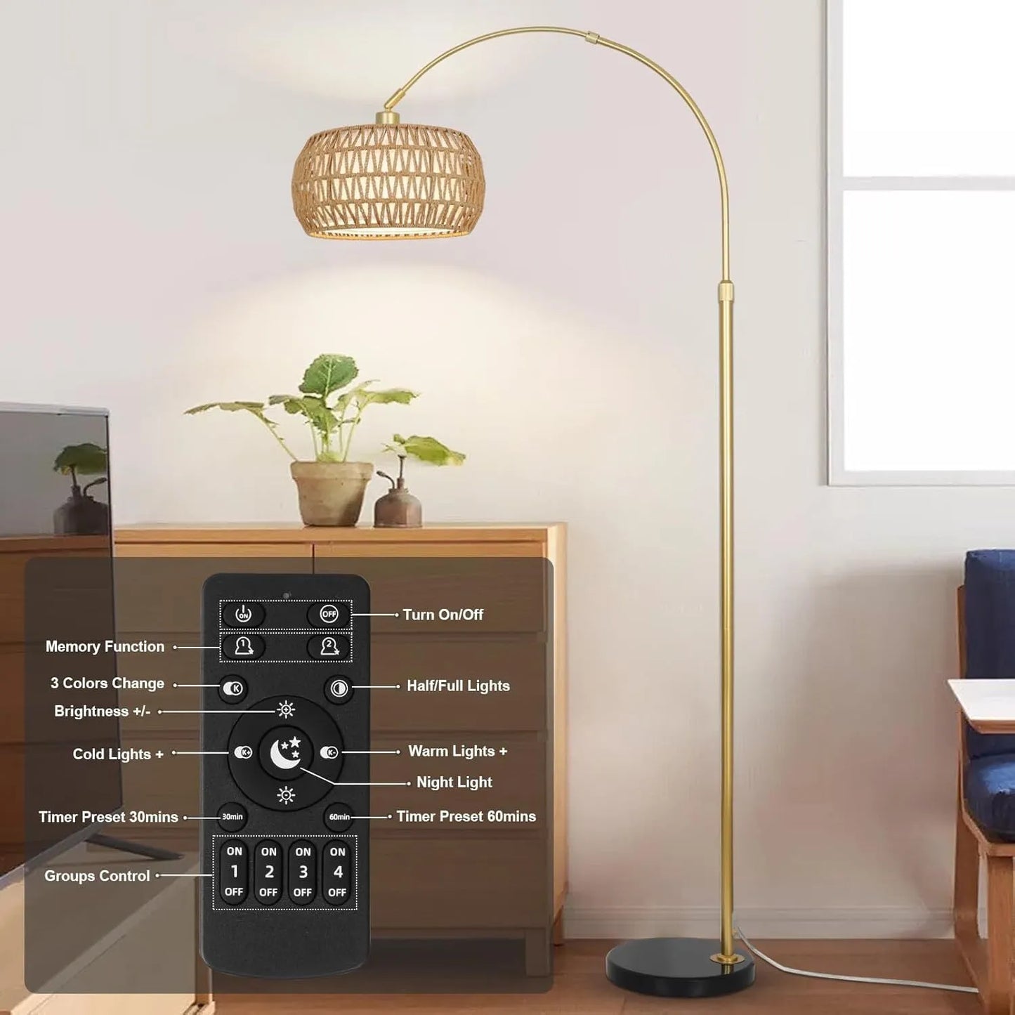 Gold Floor Lamps for Living Room, Arc Floor Lamp with Remote & Dimmable Bulb, Boho Rattan Standing lamp with 3 Color Temperatures, Height Adjustable – view 3