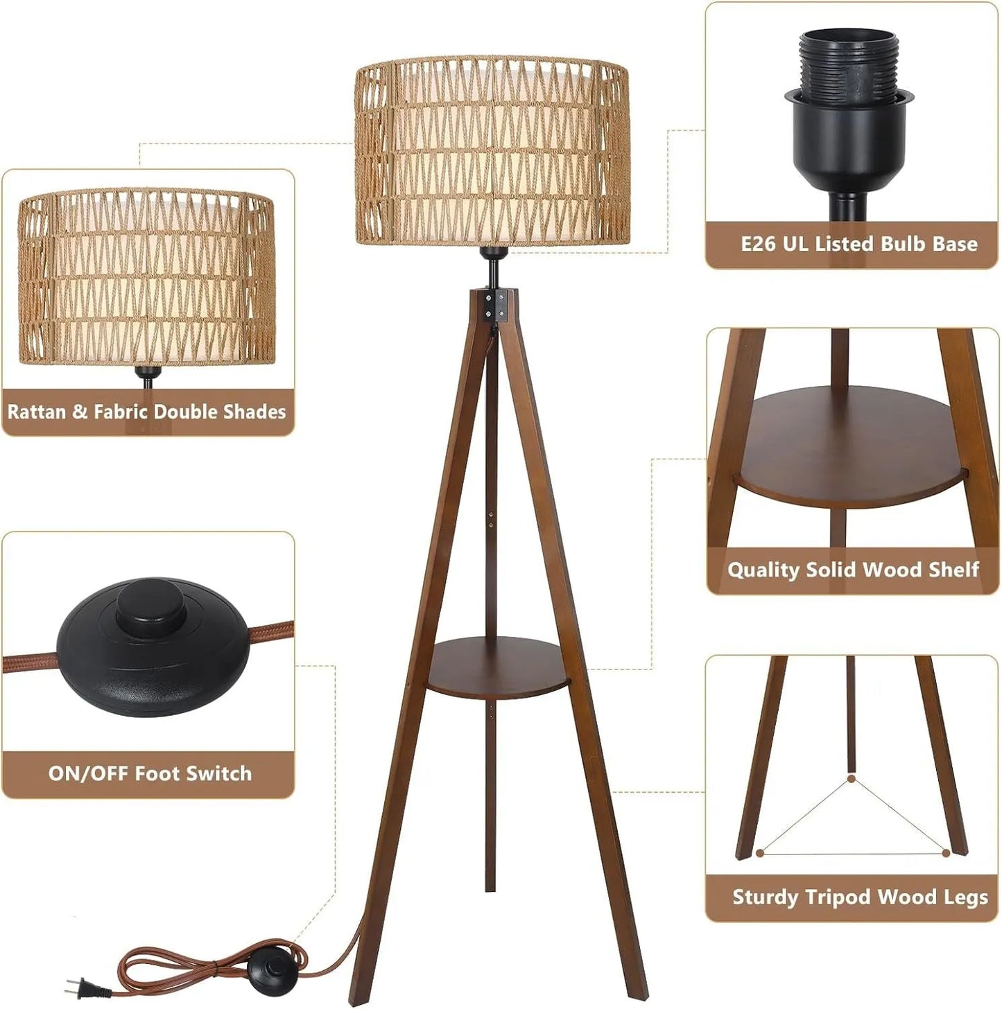 Boho Tripod Floor Lamp with Shelves, Mid Century Wood Standing Lamp with Rattan & Fabric Shades, ON/Off Foot Switch, Modern Farmhouse Tall Floor – view 3