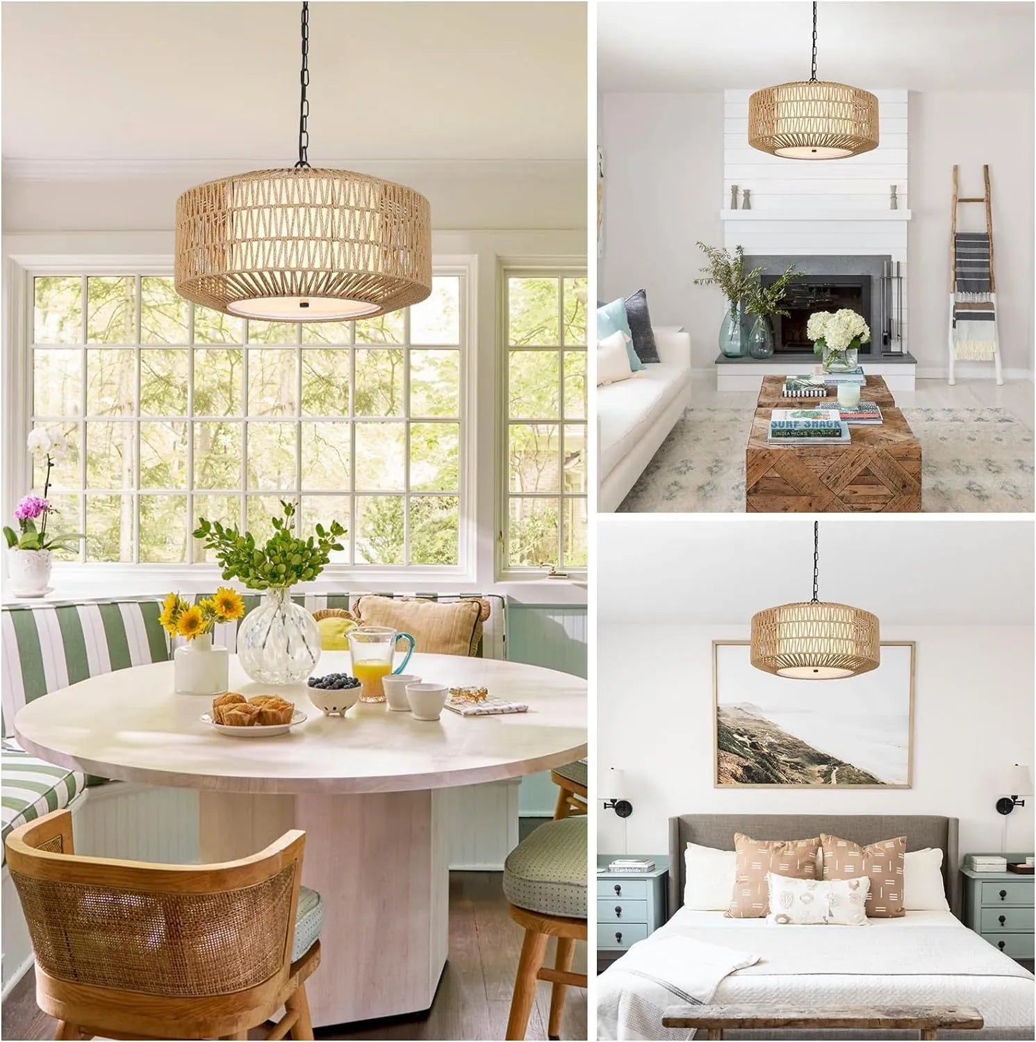 Farmhouse Chandelier Light Fixture,4-Light Rattan Boho Chandeliers for Dining Room with Fabric Shade,Hand Woven Large Rattan Dining Room Light – view 3