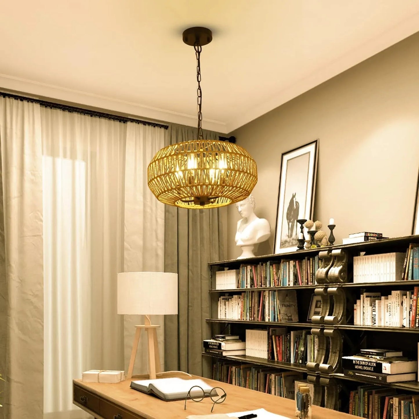 Farmhouse Rattan Pendant Lights, 15.7' 4-Light Boho Chandelier Light Fixture, Wicker Hand Woven Basket Pendant Hanging for Dining Room Living Room – view 3