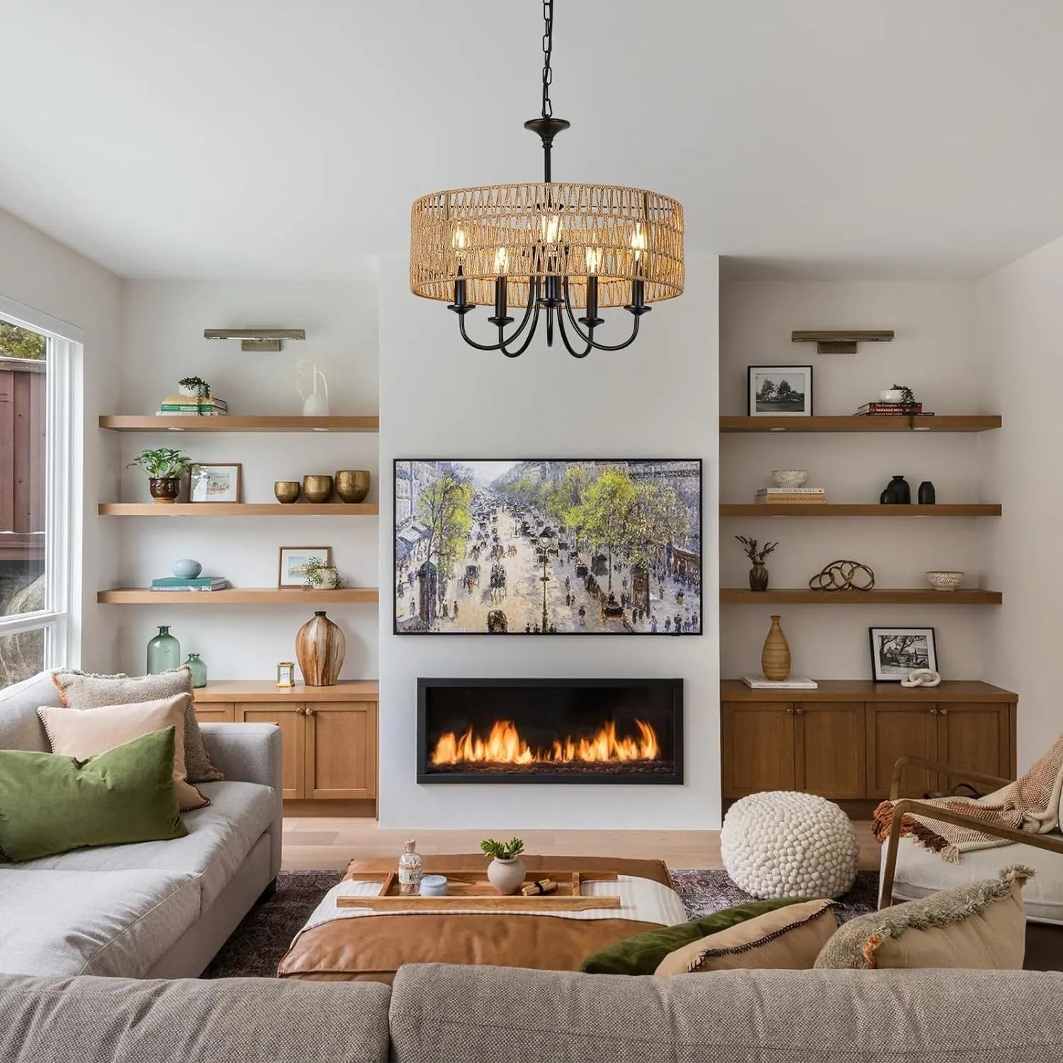 Modern Farmhouse Chandelier Light Fixtures, 5-Lights Large Rattan Pendant Lighting with Hand Woven Wicker Shade, Boho Black Chandeliers for Dining – view 3