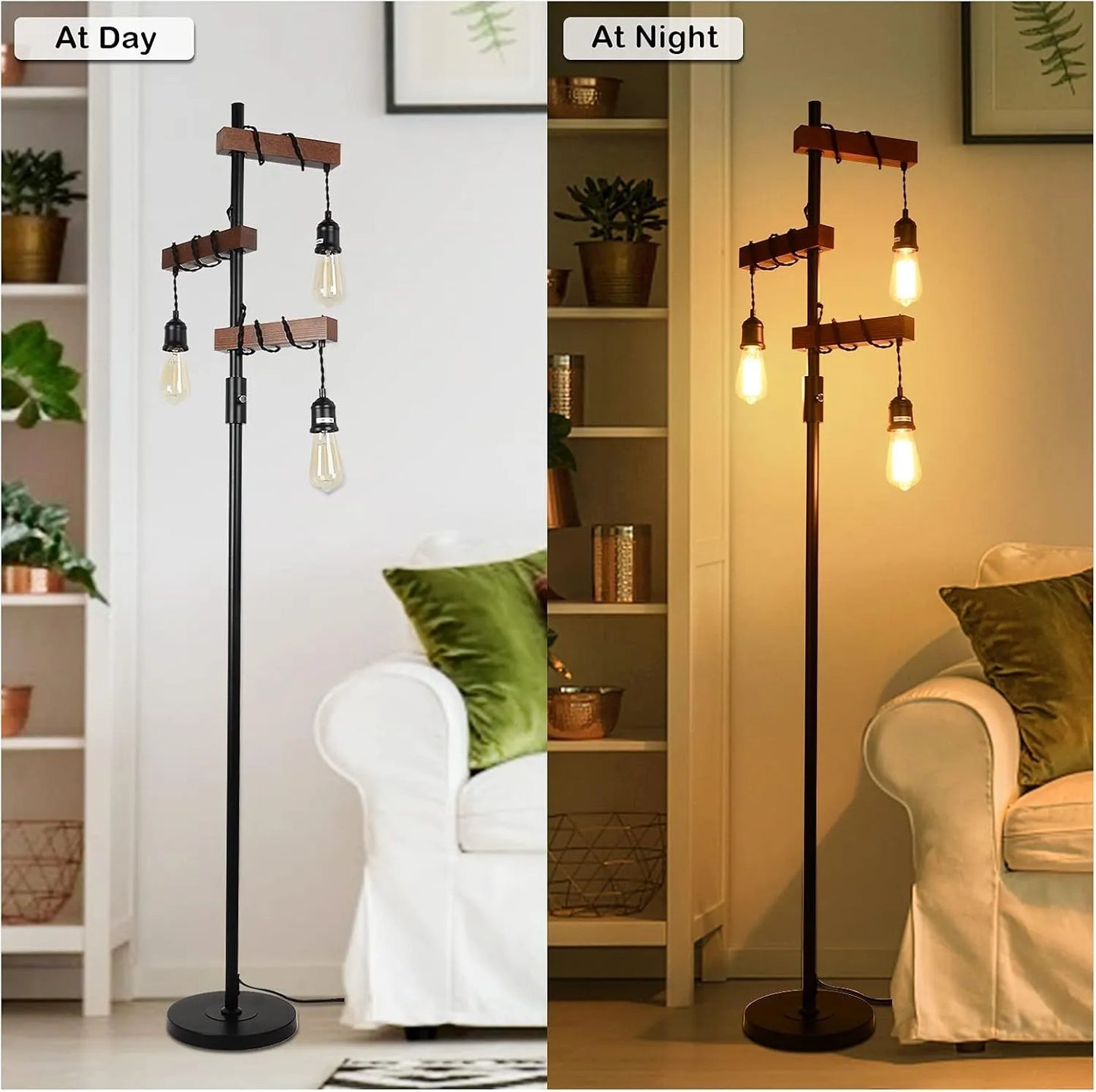 Dimmable Industrial Floor Lamp, Farmhouse Tree Floor Lamp, 68 Inch 3 Lights Wood Standing Lamp, Sturdy Base Tall Vintage Pole Light, Metal Black – view 3