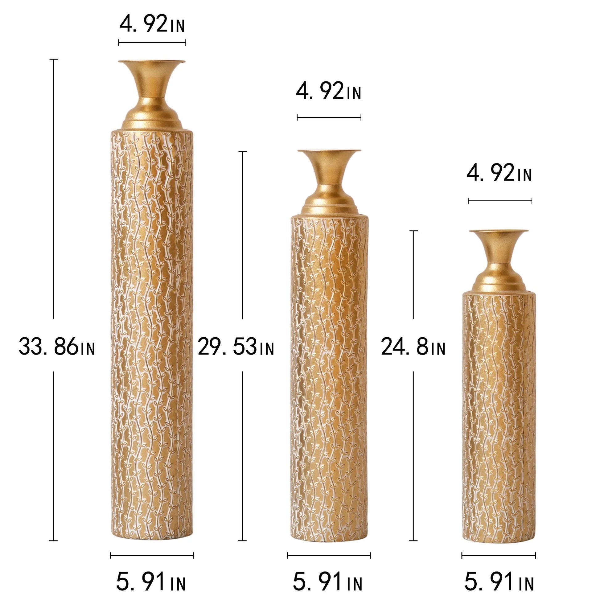 Metal Decorative Vases High Distress Metal Center Vases with Growing Vine Patterns, Set Of 3 Vases for Home Decoration 34', 29', 25'H, Gold – view 3