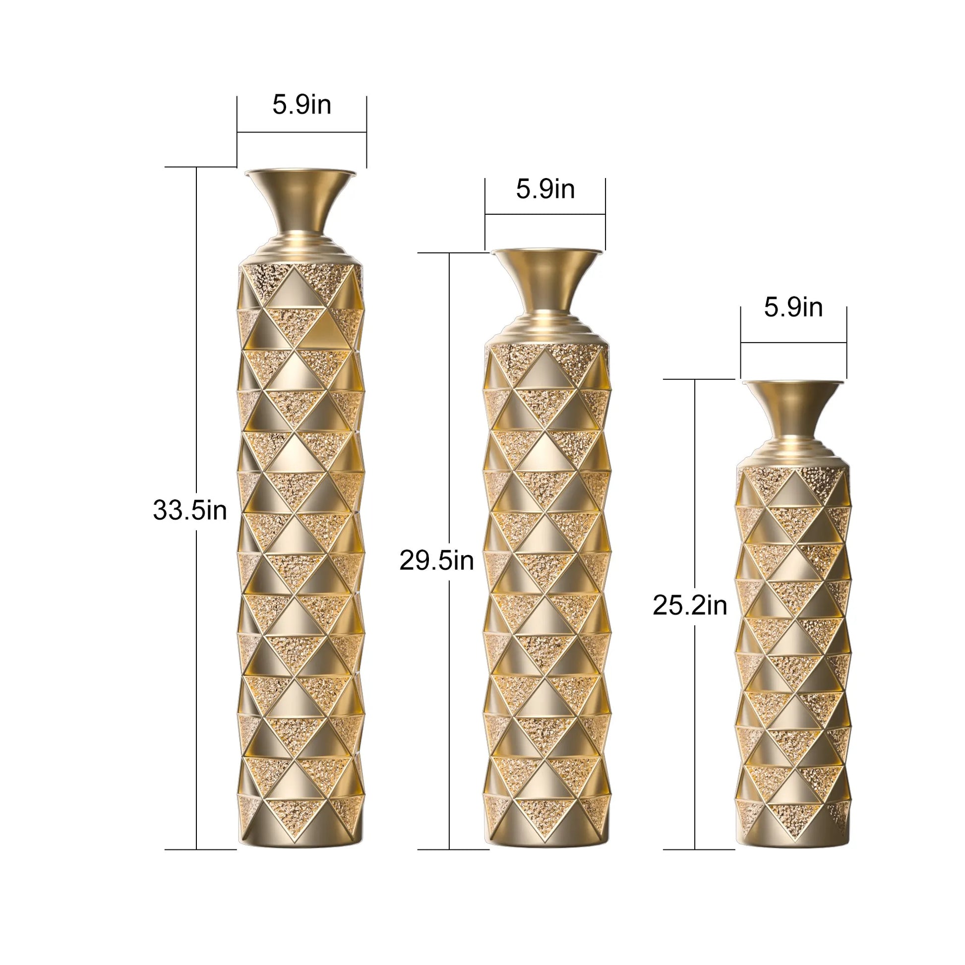 Metal Decorative Vase High Distress Metal Center Vase With 3D Triangle Pattern, Set Of 3 Vases for Home Decoration 33.5', 29.5', 25.2'High, Gold – view 3