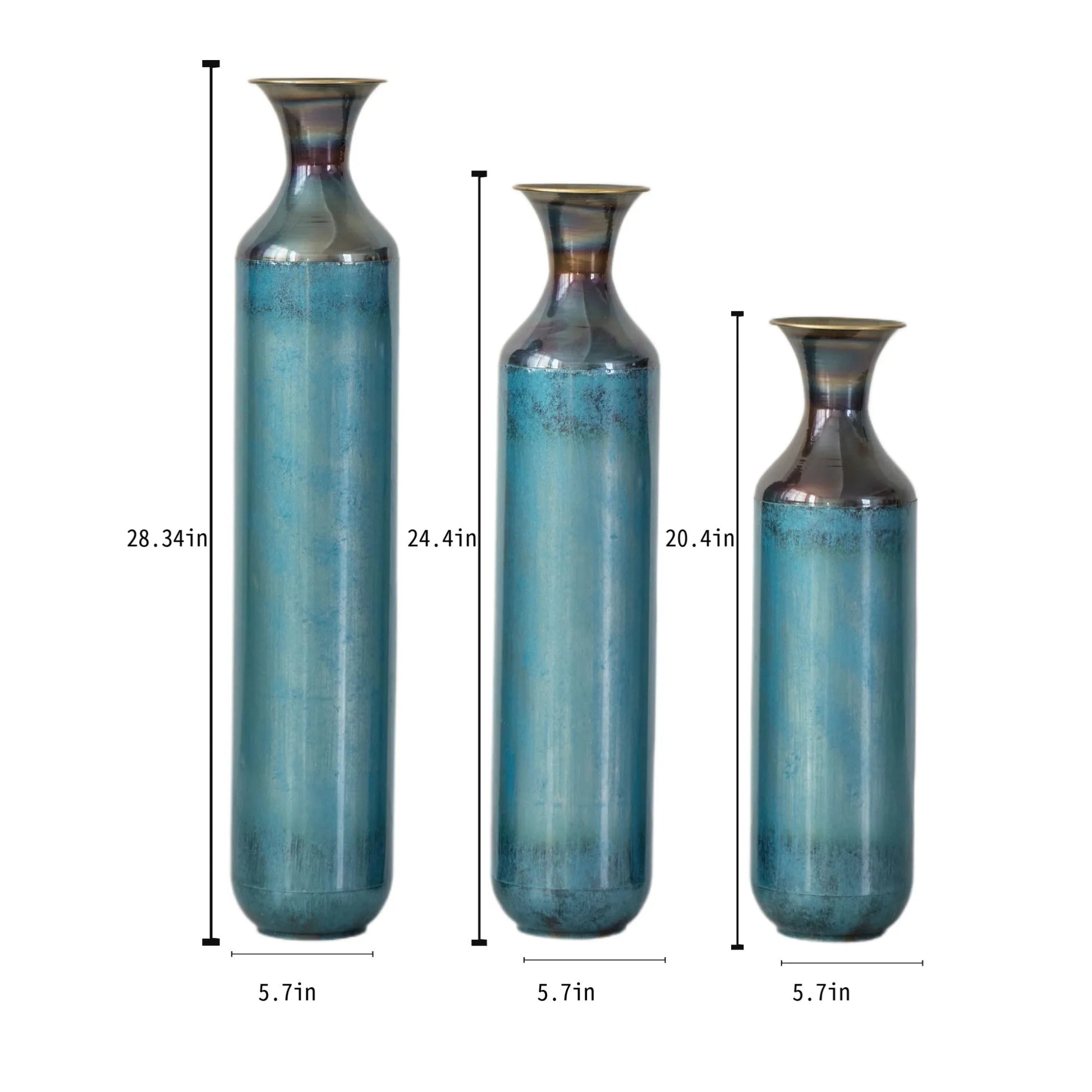 Modern Droplet-Shaped Floor Vase Set – Aqua Blue Glazed Metal Decorative Vases – 3-Piece Home Decor in 20.4 In, 24.4 In & 28.34 In Heights – view 3