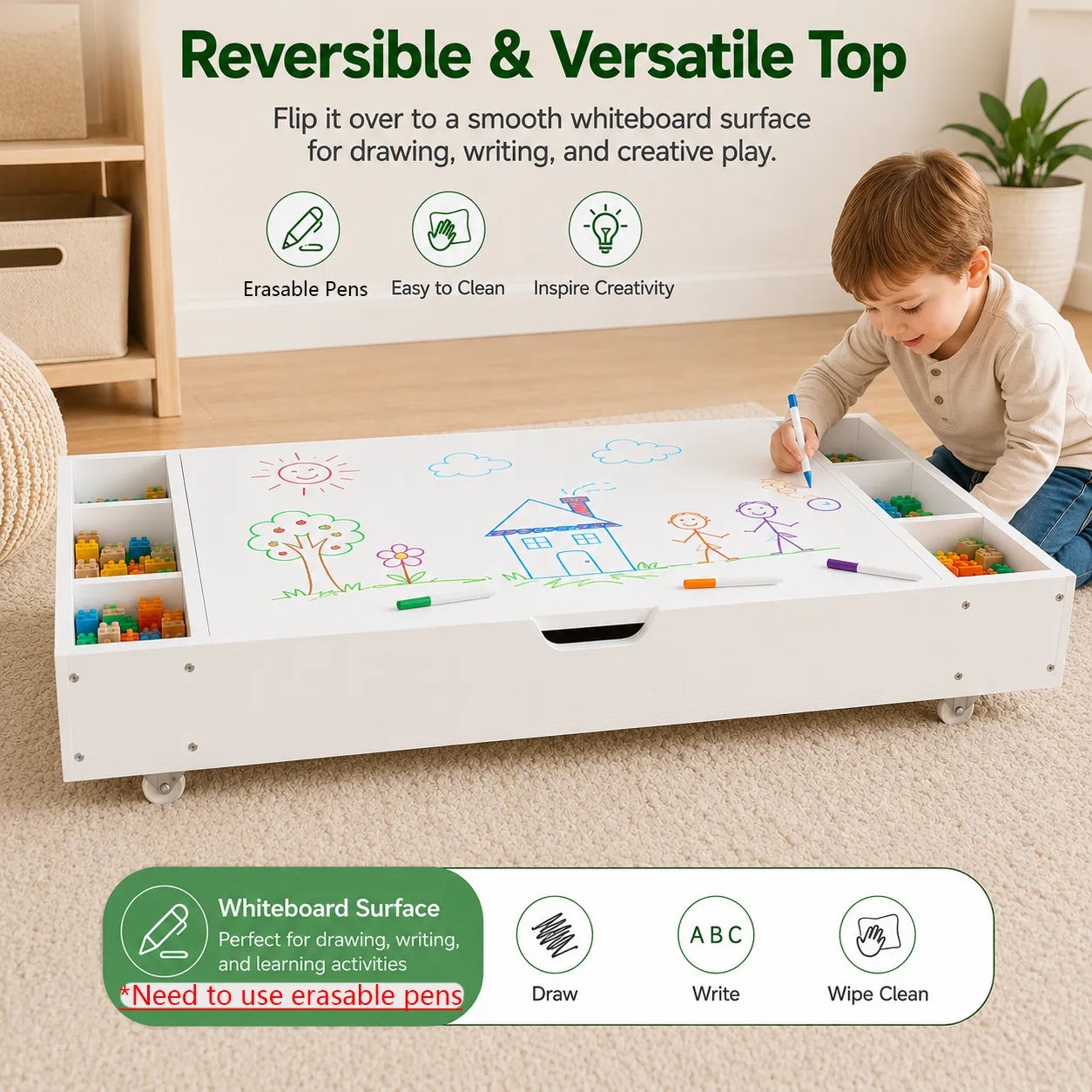 The 3 in 1 Reversible Kids Activity Table and Toy Organizer Compatible with Lego, Building Bricks & Whiteboard Play Table with City Road Map – view 3