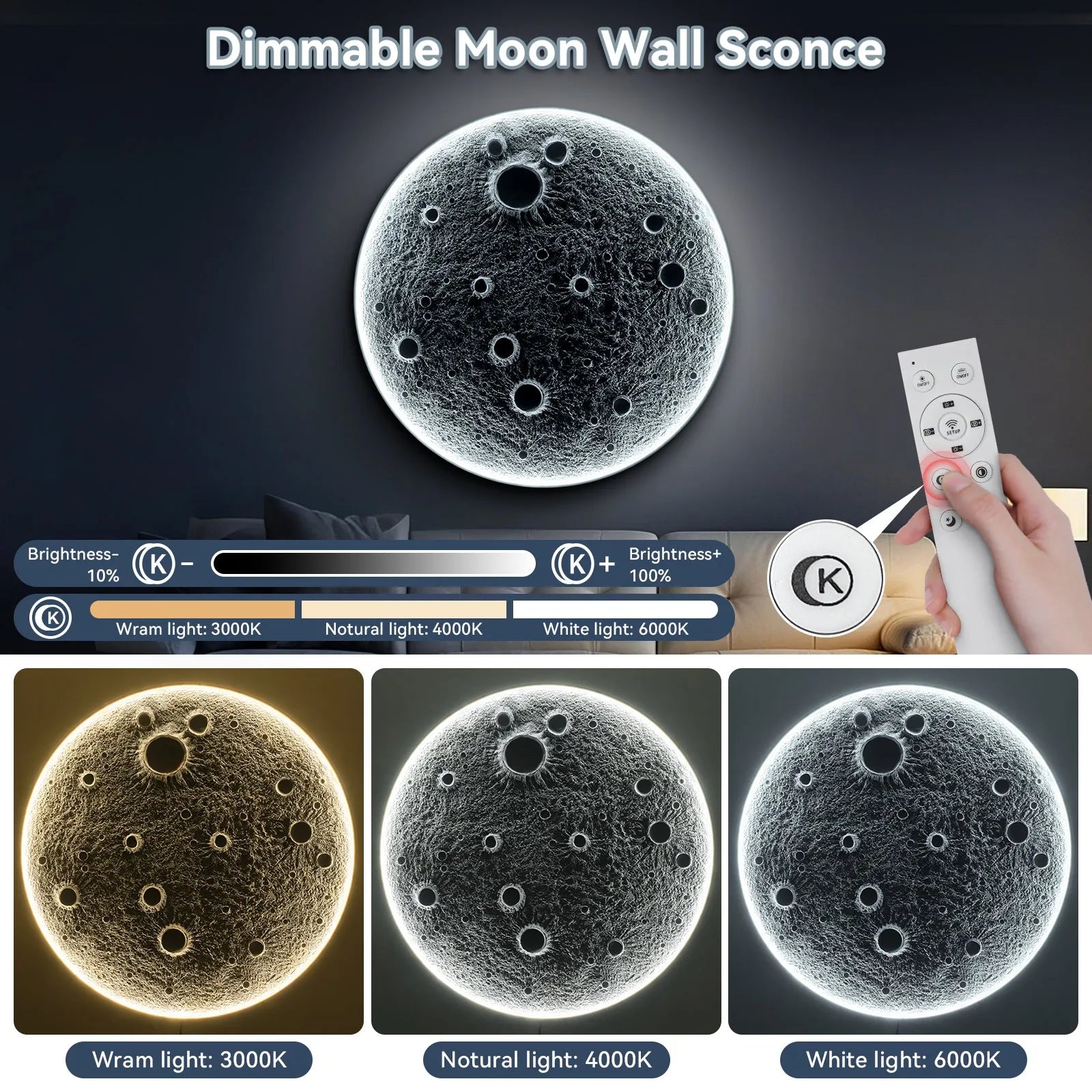 32-Inch Realistic Resin Moon Wall Light – Plug-In Dimmable LED Moon Sconce with Remote Control, 30 W Main & 10 W Night Light, Meteorite Crater – view 3