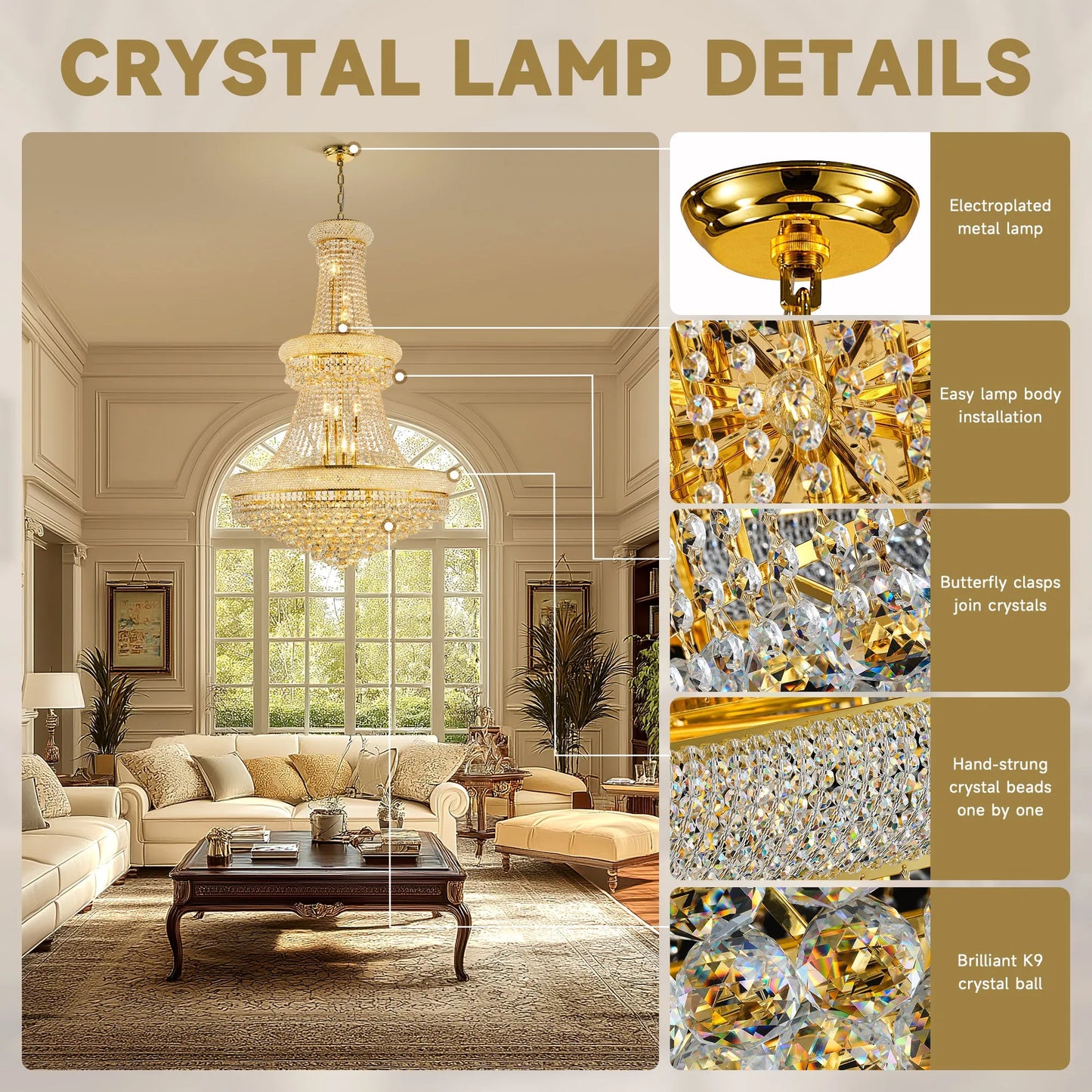 32-Inch Gold Crystal Chandelier, 27-Light French Empire Ceiling Light with LED Bulbs, Adjustable 59-Inch Chain, 3000K Warm Light, Ideal for Living – view 3
