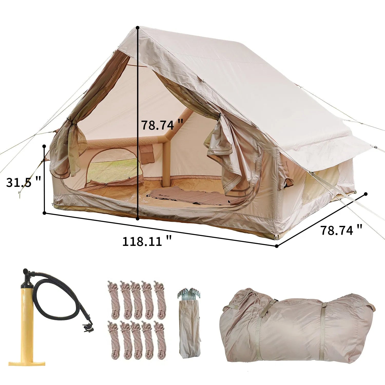 Inflatable Glamping Tent for 4-6 People, Waterproof Luxury Outdoor Tent with Pump, Khaki 410D Oxford Fabric, 118'x78.7'x78.7' – view 3