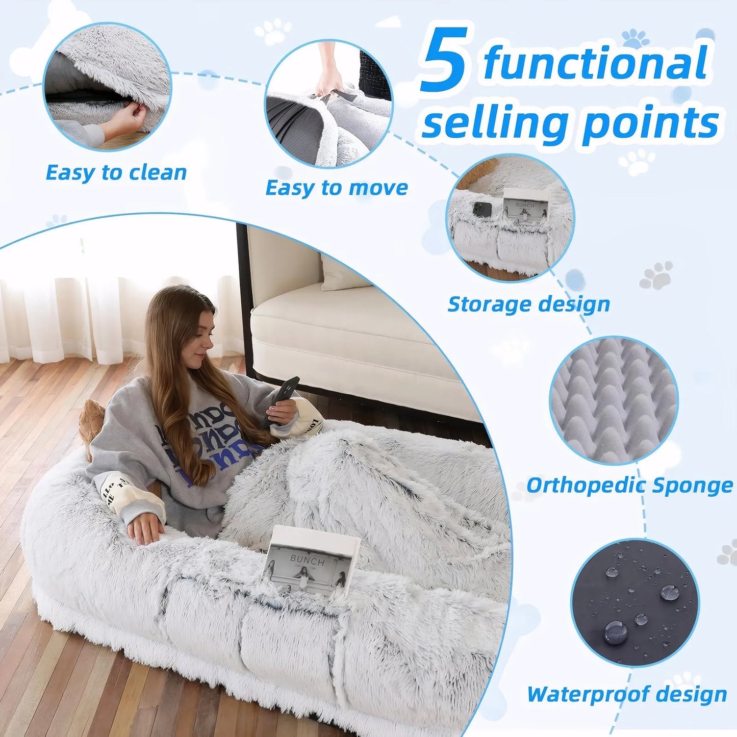 Human Dog Bed, Washable Faux Fur Dog Bed for People Doze Off, Napping Orthopedic Dog Bed,71''x45''x14'' Size Fits You and Pets (Grey) - Blankets and – view 3