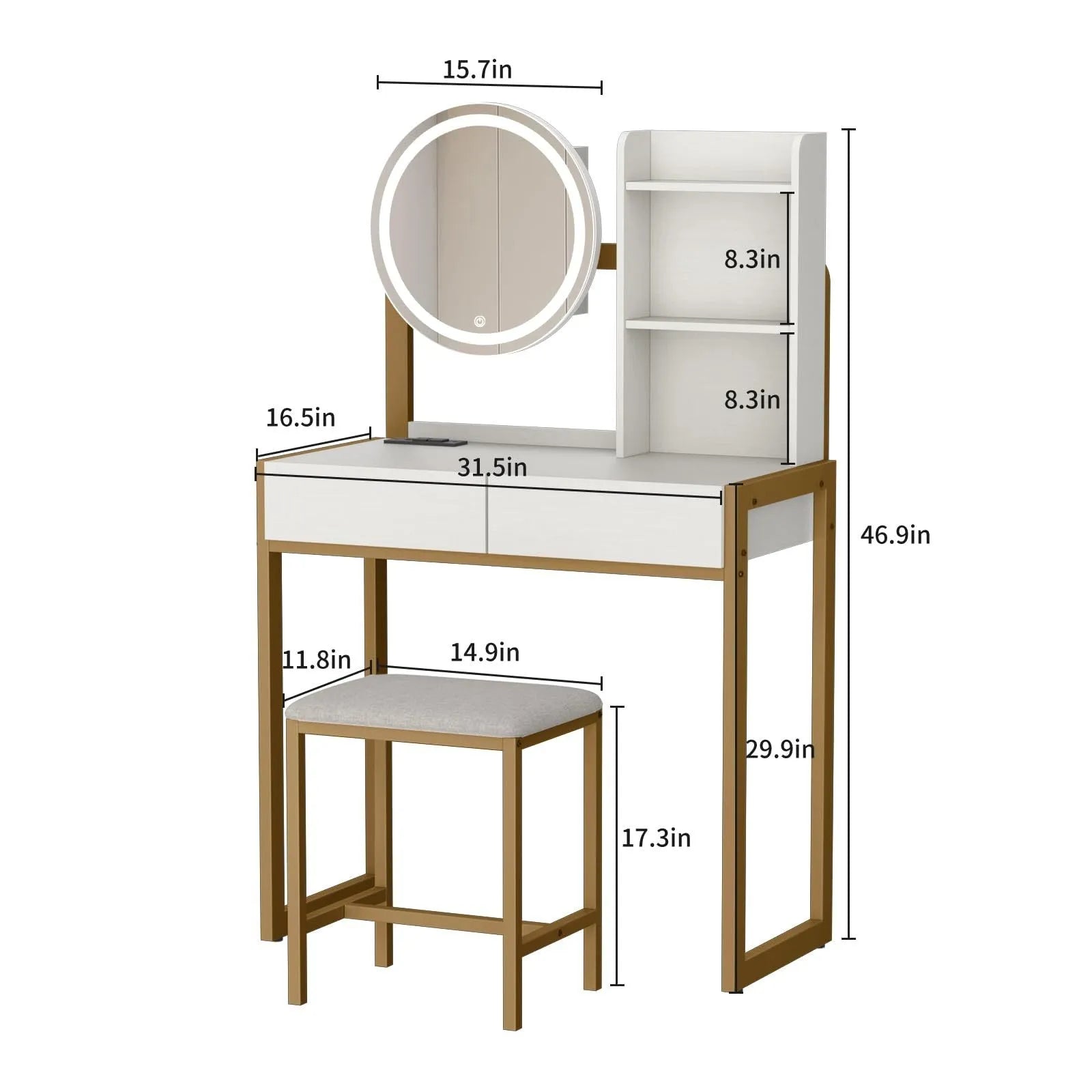 Small Vanity Desk with Mirror and Lights, Makeup Vanity Table with LED Mirror, 3 Lighting Modes, Power Outlet, Drawer, Open Shelves and Cushioned – view 3
