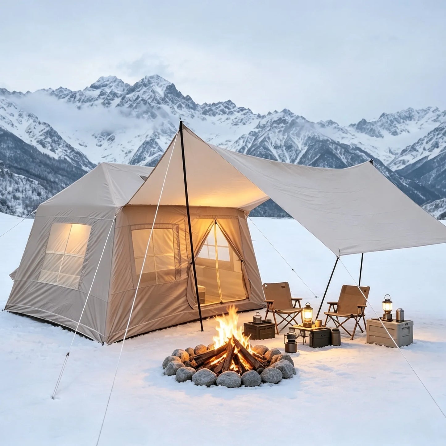 5.72m² Inflatable Camping Tent, Easy Setup 4 Season Windproof Glamping Tent with Mesh Windows & Pump, Outdoor Cotton Tent – view 3
