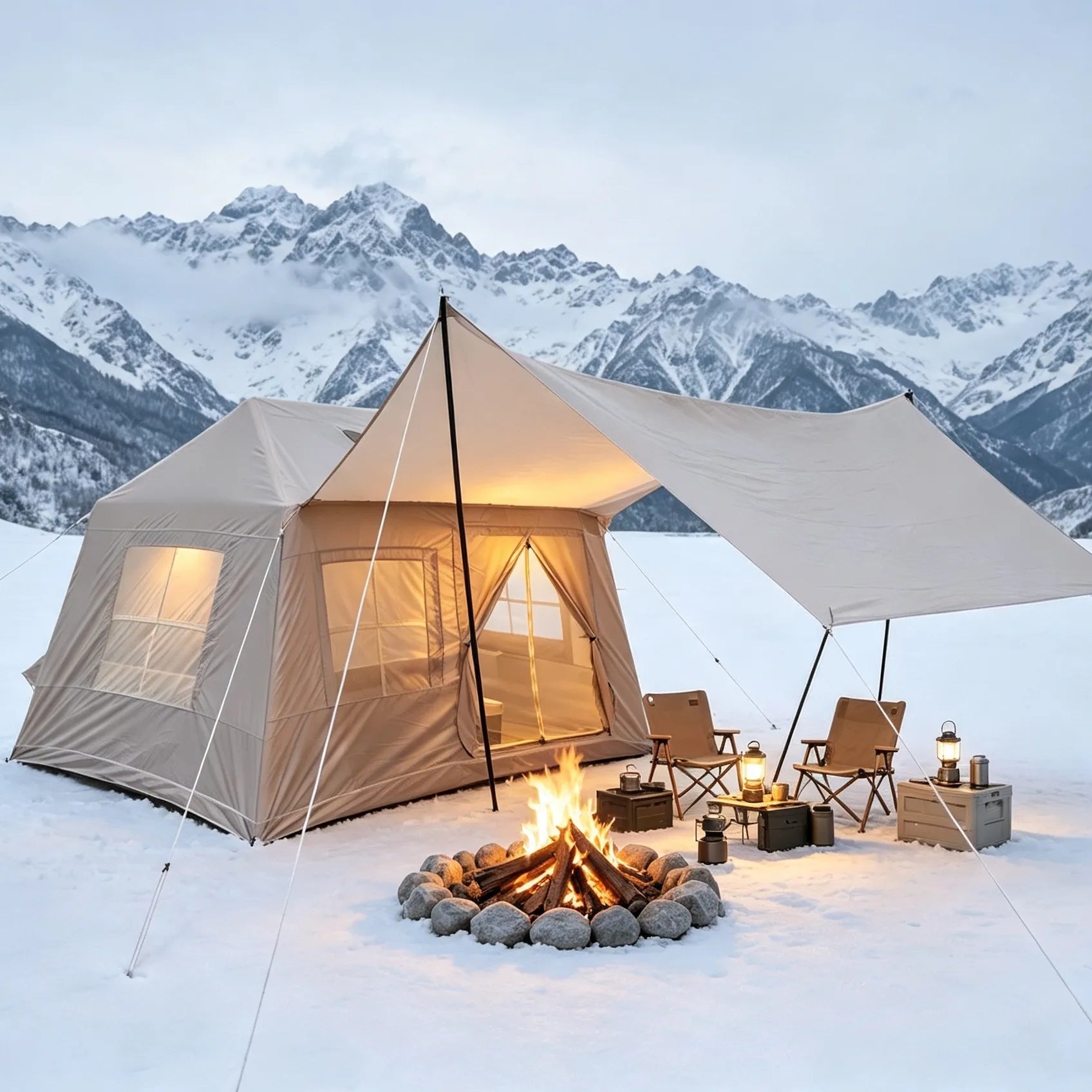 5.72m² Inflatable Camping Tent, Easy Setup 4 Season Windproof Glamping Tent with Mesh Windows & Pump, Outdoor Cotton Tent – view 3