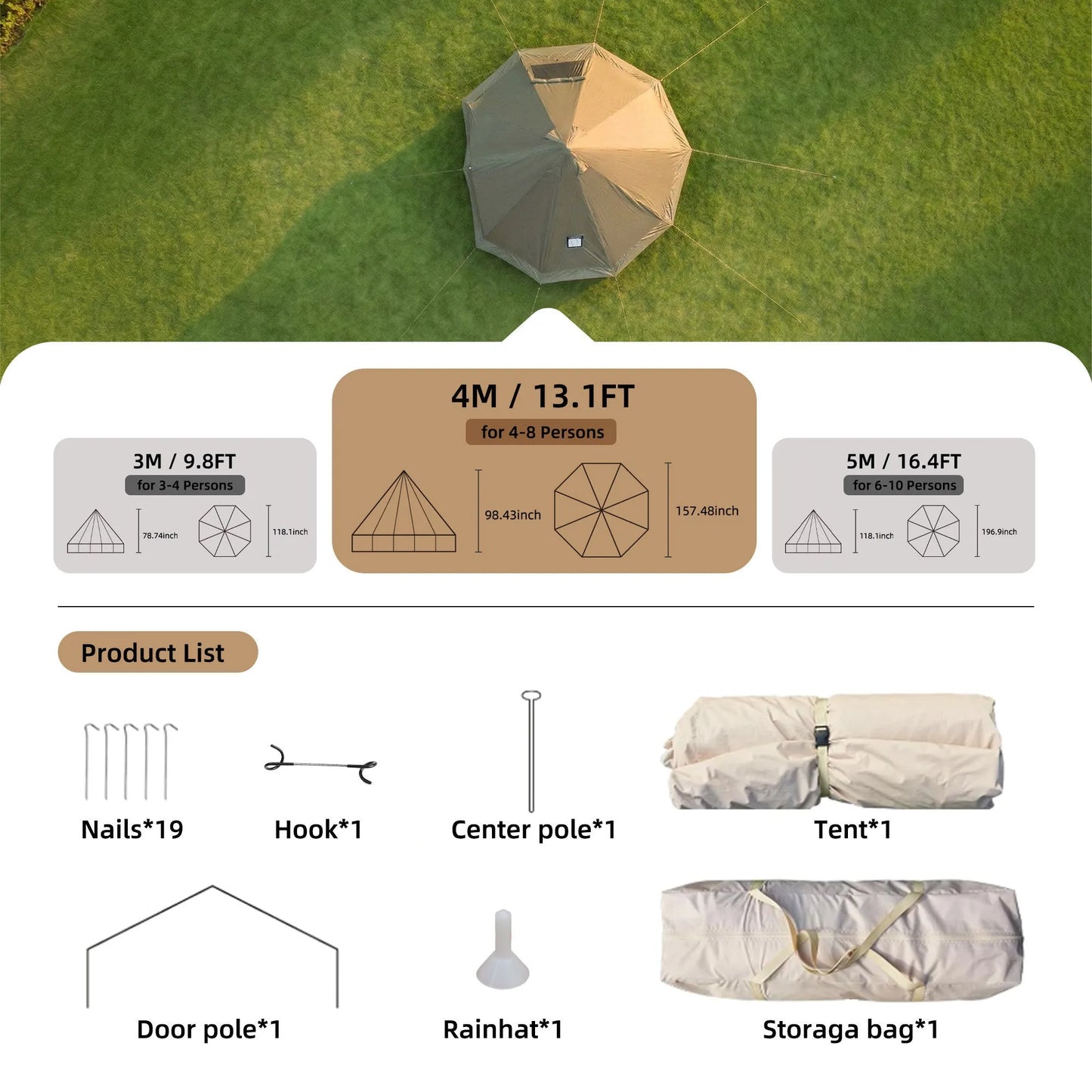 4 Season Bell Tent 13.1FT, Beige Waterproof Glamping Yurt Tent with Stove Jack, Fits 8 People Family Camping Tent for Outdoor Parties & Camping – view 3