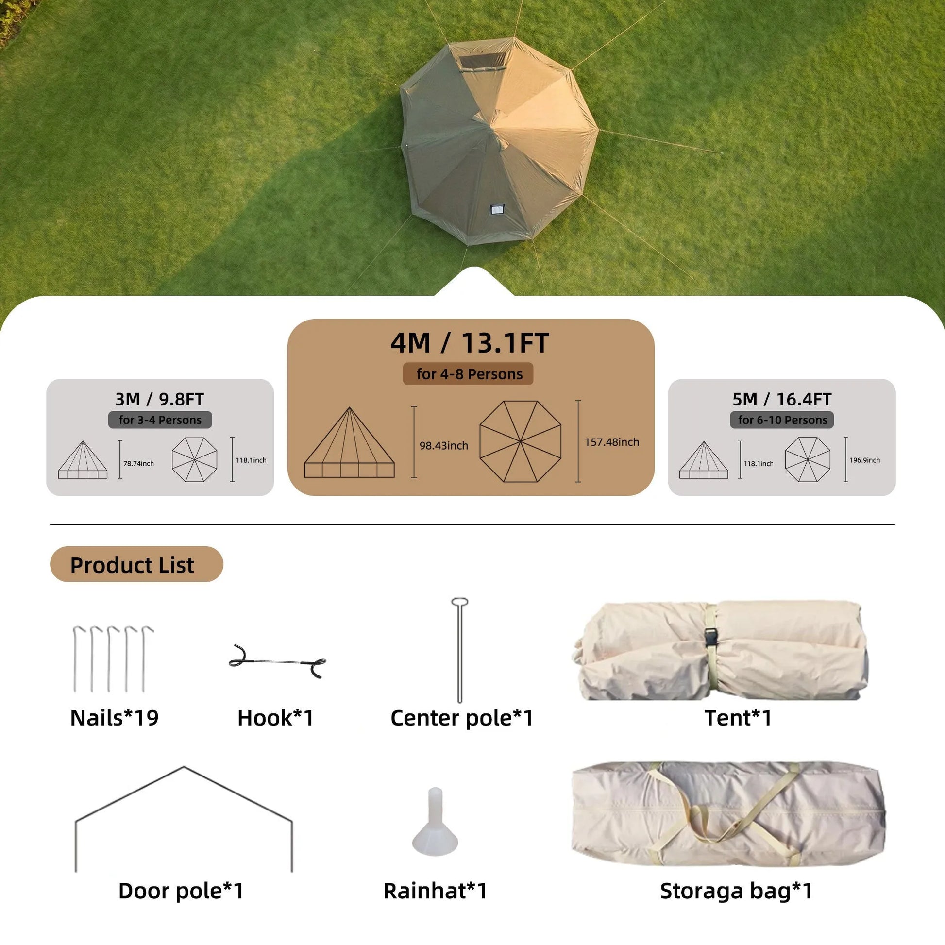 4 Season Bell Tent 13.1FT, Beige Waterproof Glamping Yurt Tent with Stove Jack, Fits 8 People Family Camping Tent for Outdoor Parties & Camping – view 3